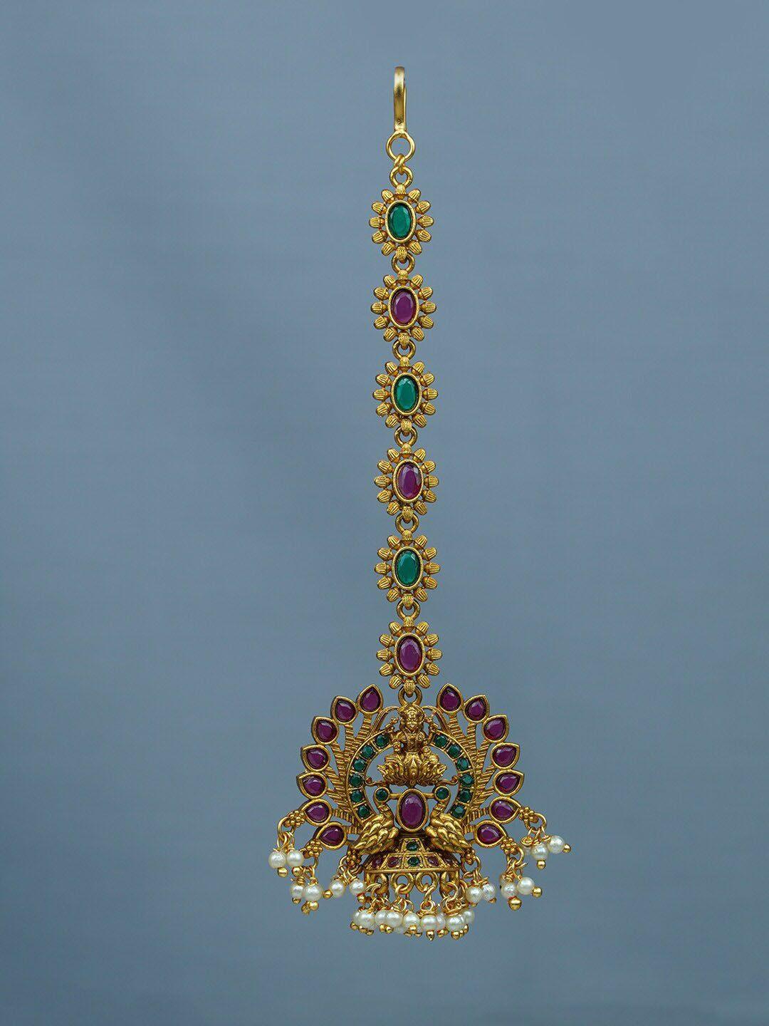 diksha collection gold-plated stones-studded and beaded temple maang tikka