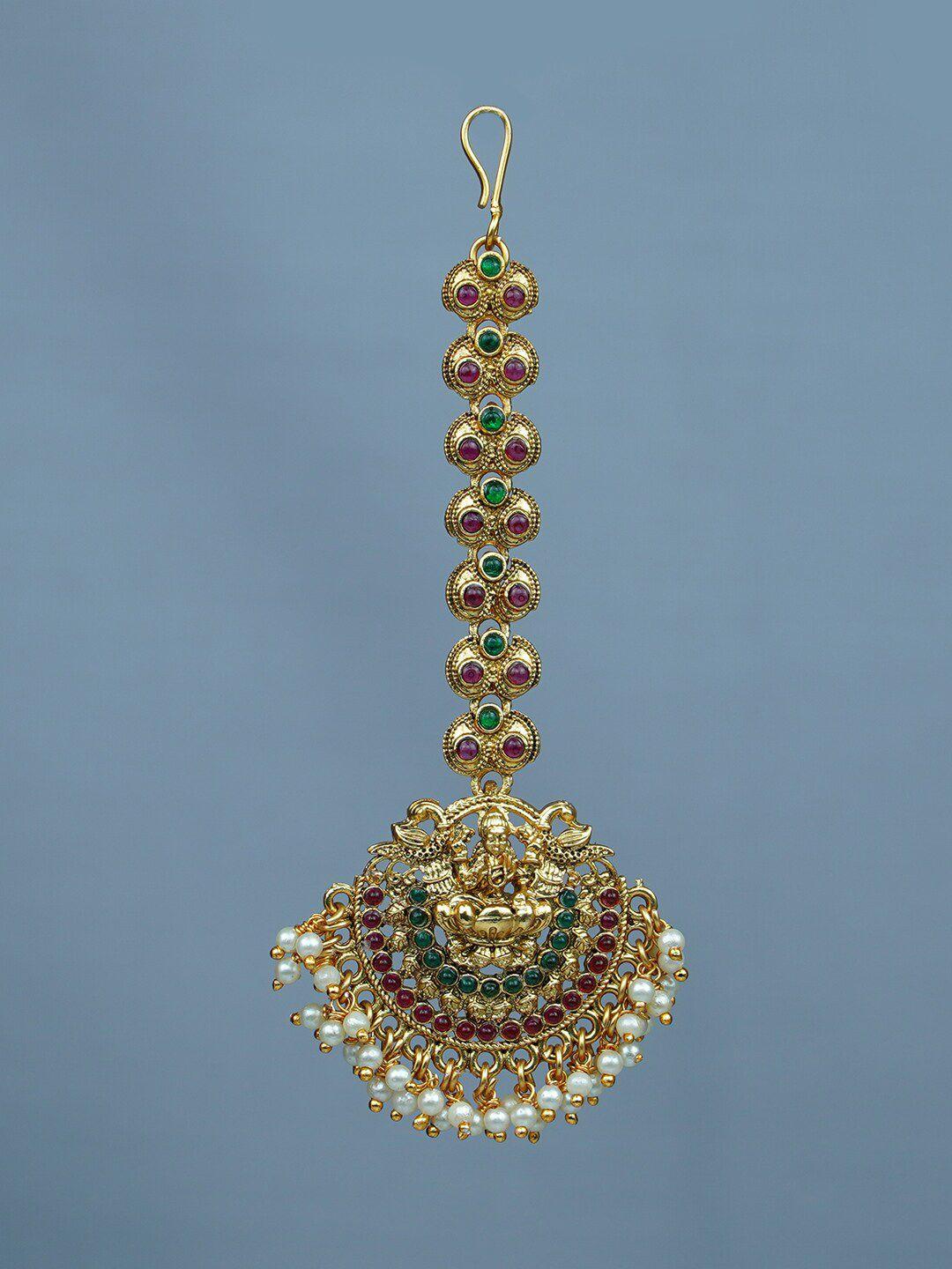 diksha collection gold-plated stones-studded and beaded temple maang tikka