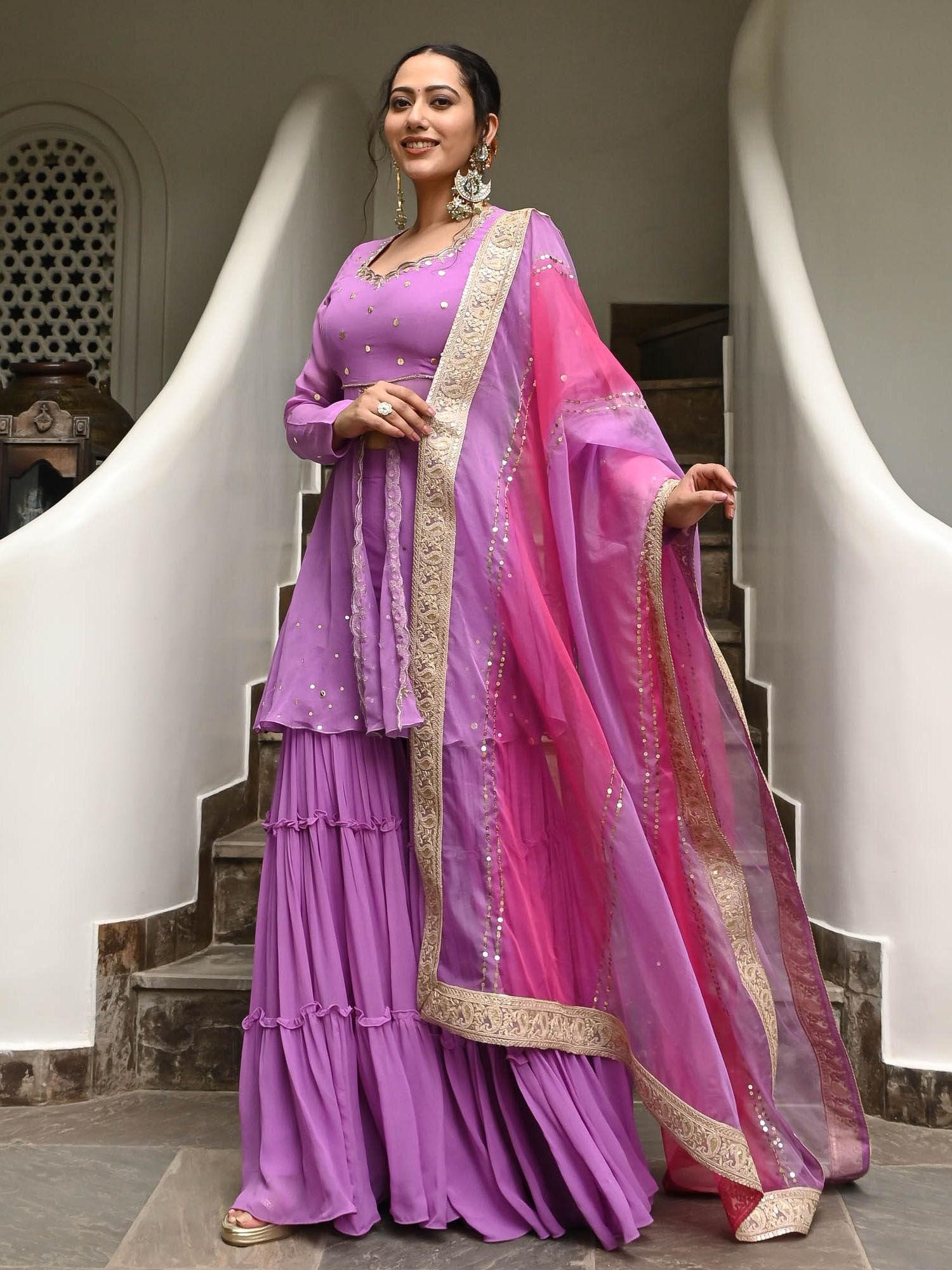 diksha lavender embroidered tunic with sharara and dupatta (set of 3)