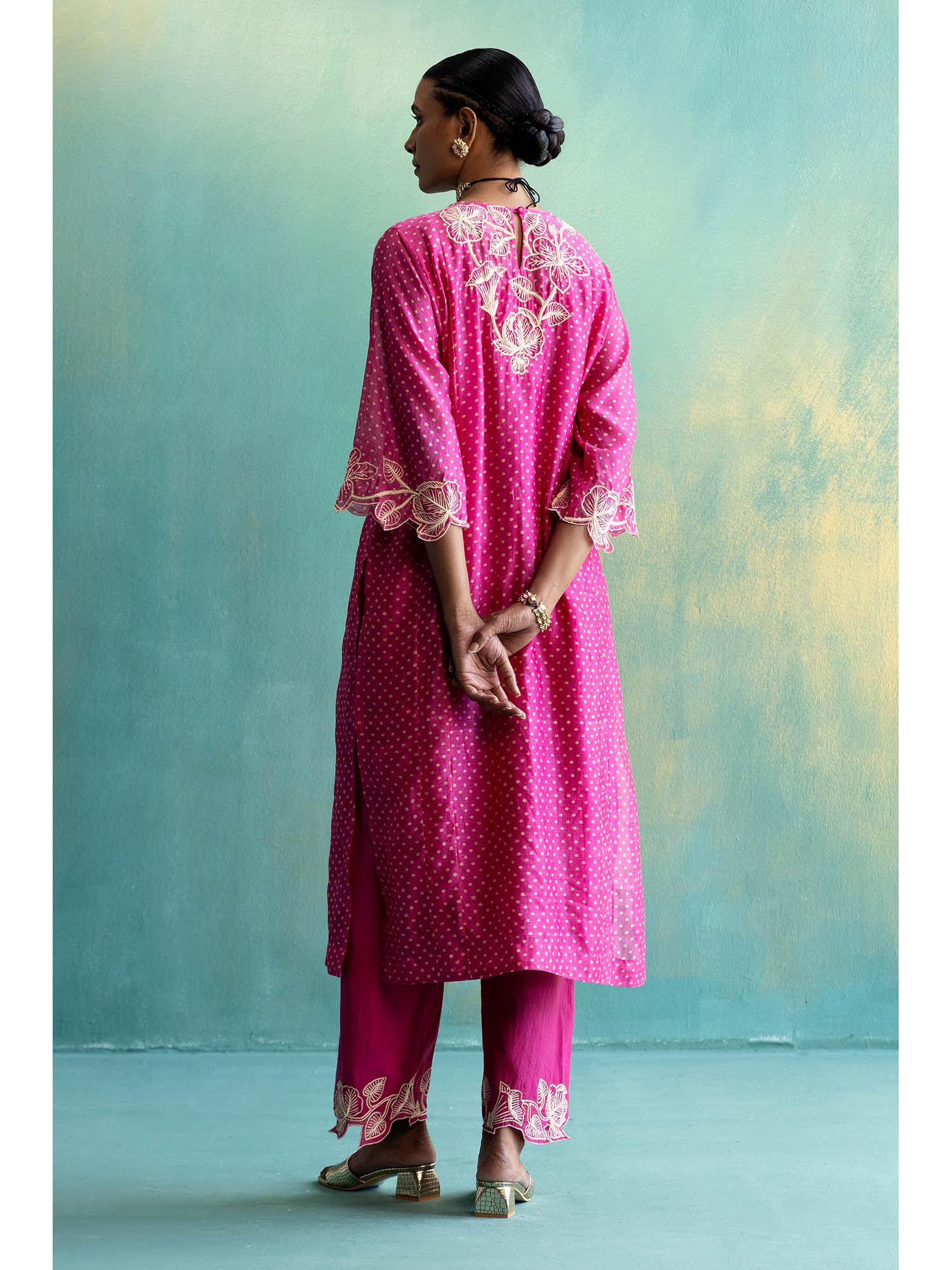 dil-kash pink polka chanderi kurta long yoke floral embroidery (set of 3)