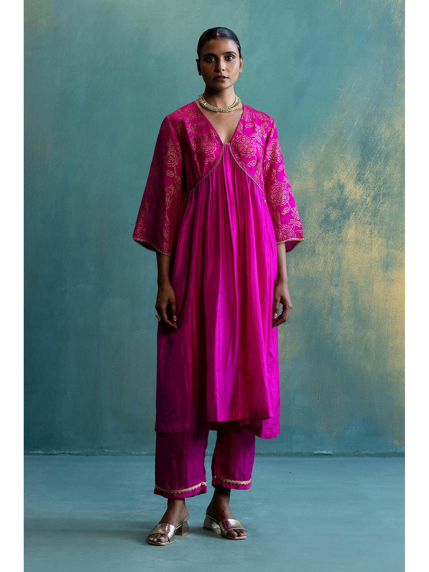 dil-kash pink silk kurta with gold floral print full (set of 3)