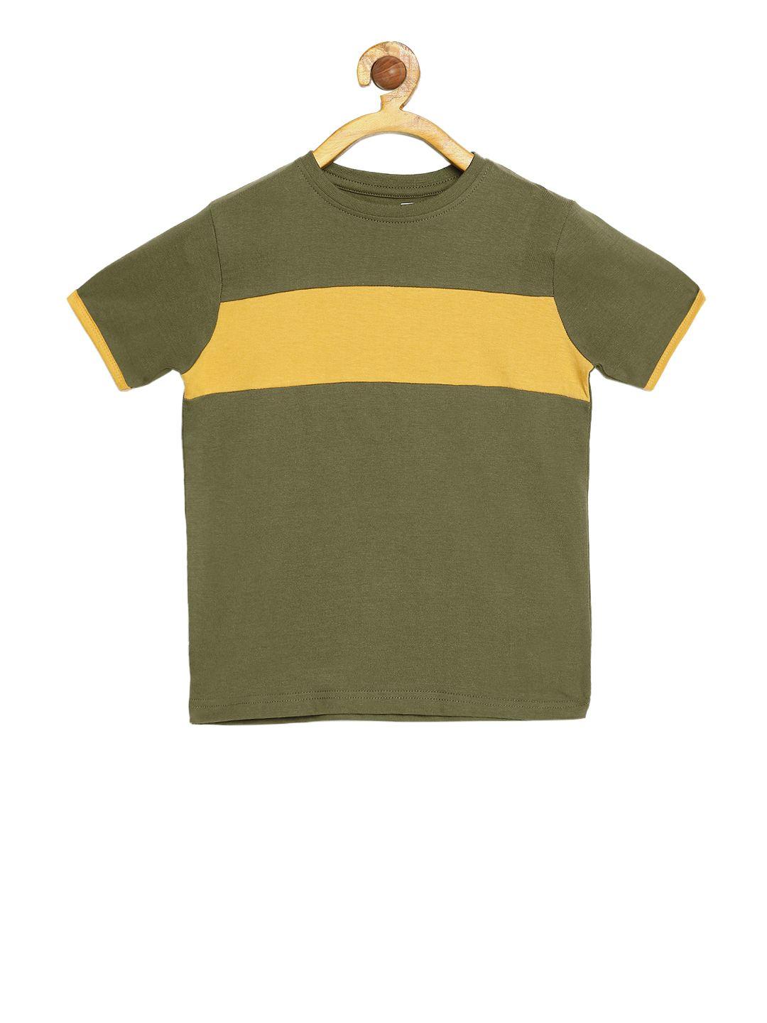 dillinger boys olive green colourblocked round neck pure cotton t-shirt