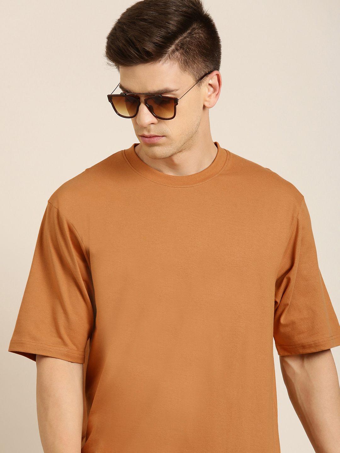 dillinger men brown solid pure cotton drop-shoulder sleeves loose fit oversized t-shirt