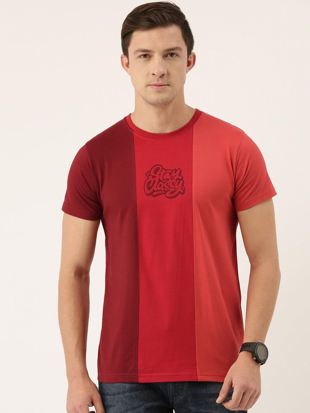dillinger men maroon  red colourblocked round neck pure cotton t-shirt