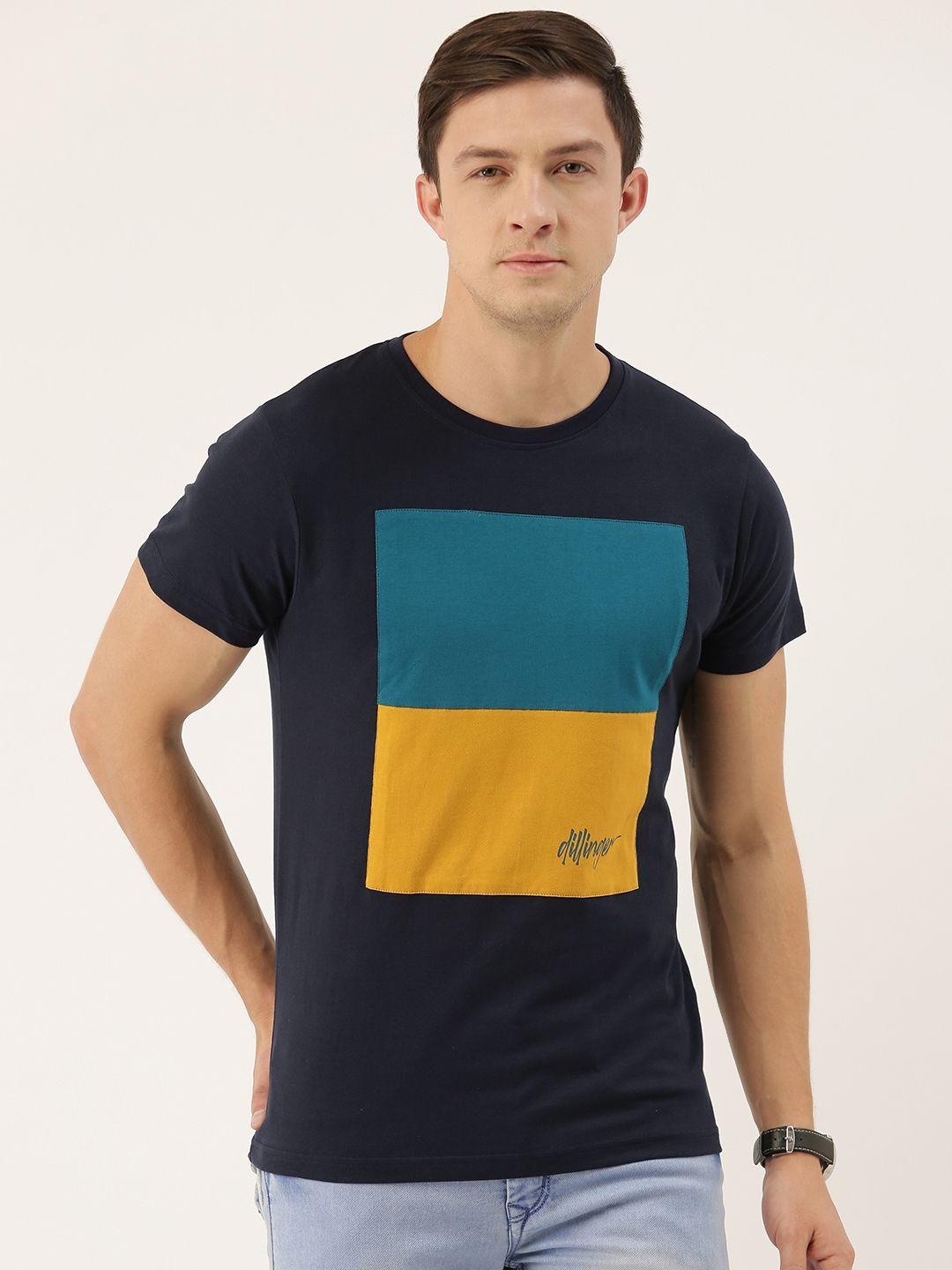 dillinger men navy blue  yellow colourblocked round neck pure cotton t-shirt