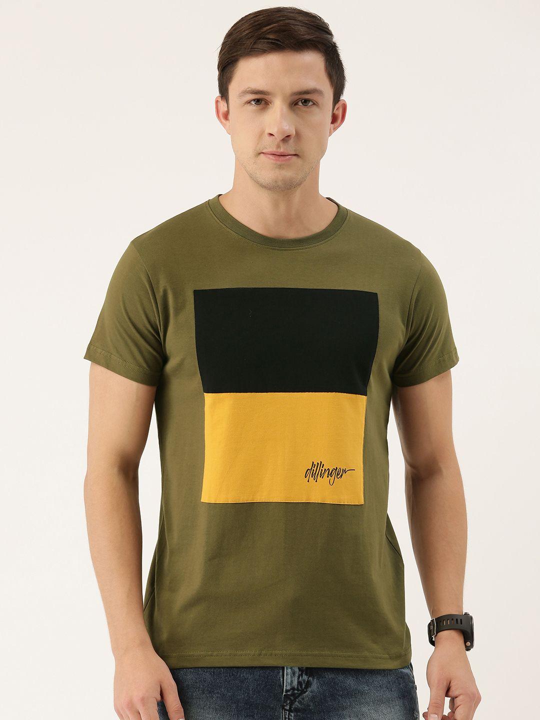 dillinger men olive green  black colourblocked round neck pure cotton t-shirt