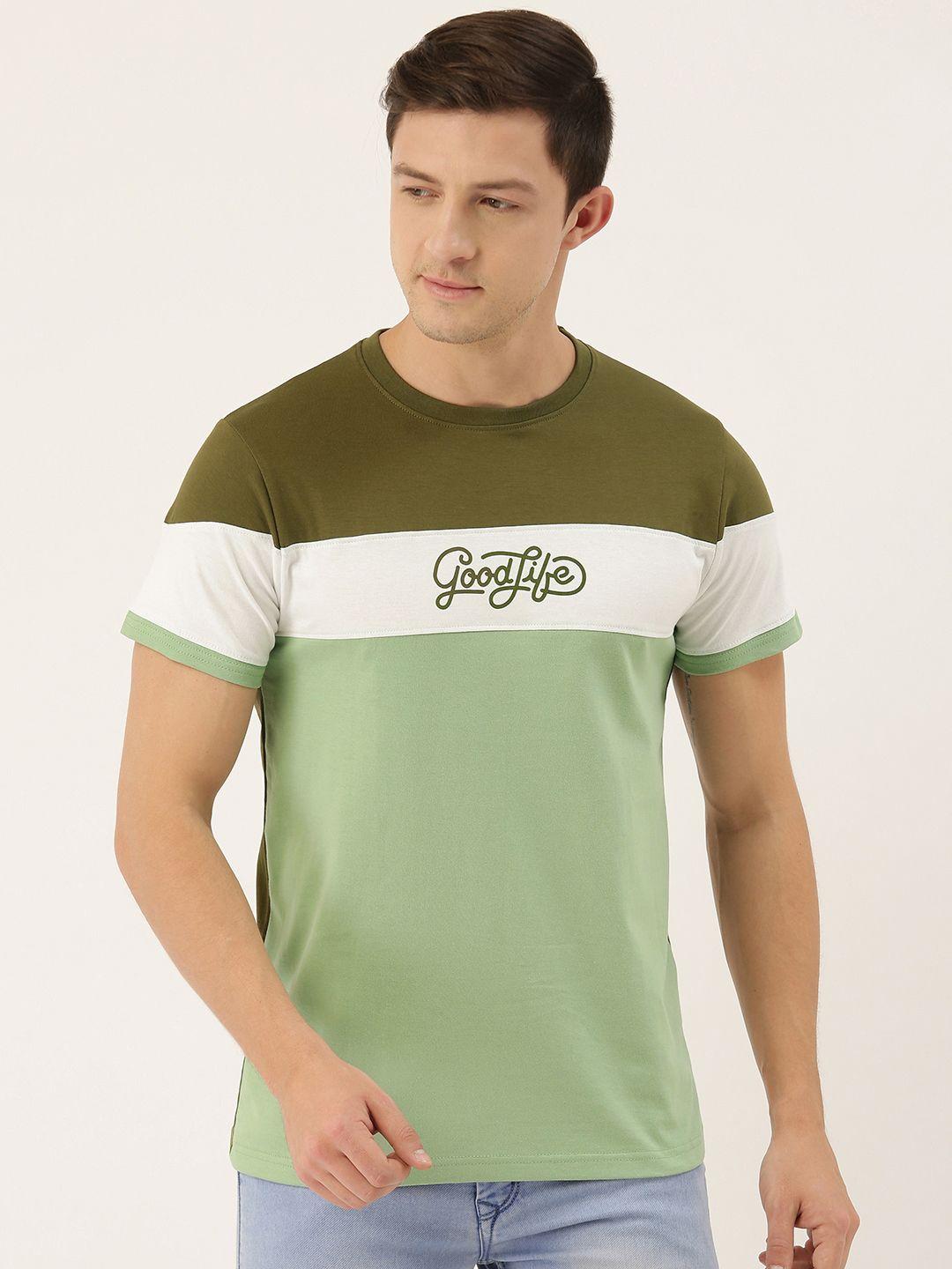 dillinger men olive green colourblocked round neck pure cotton t-shirt