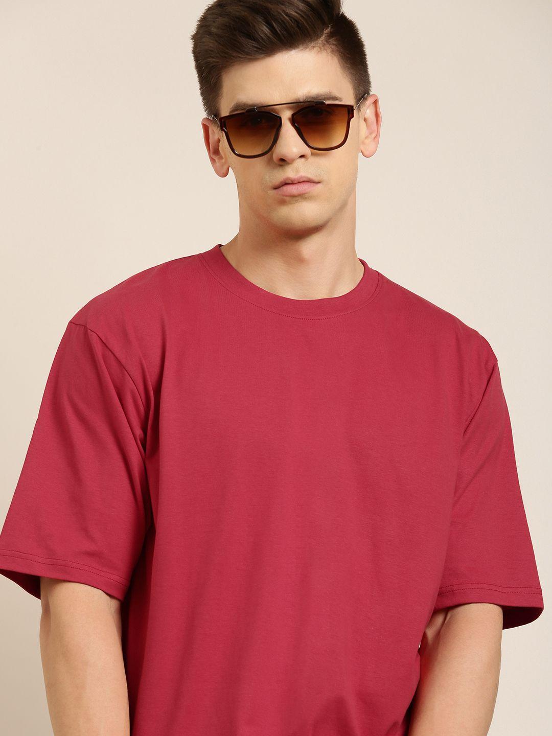 dillinger men red solid pure cotton drop-shoulder sleeves oversized fit oversized t-shirt