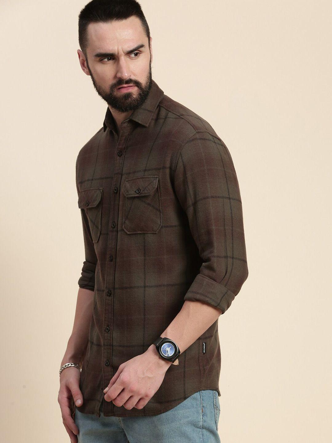 dillinger tartan checks flannel spread collar long sleeves cotton casual shirt