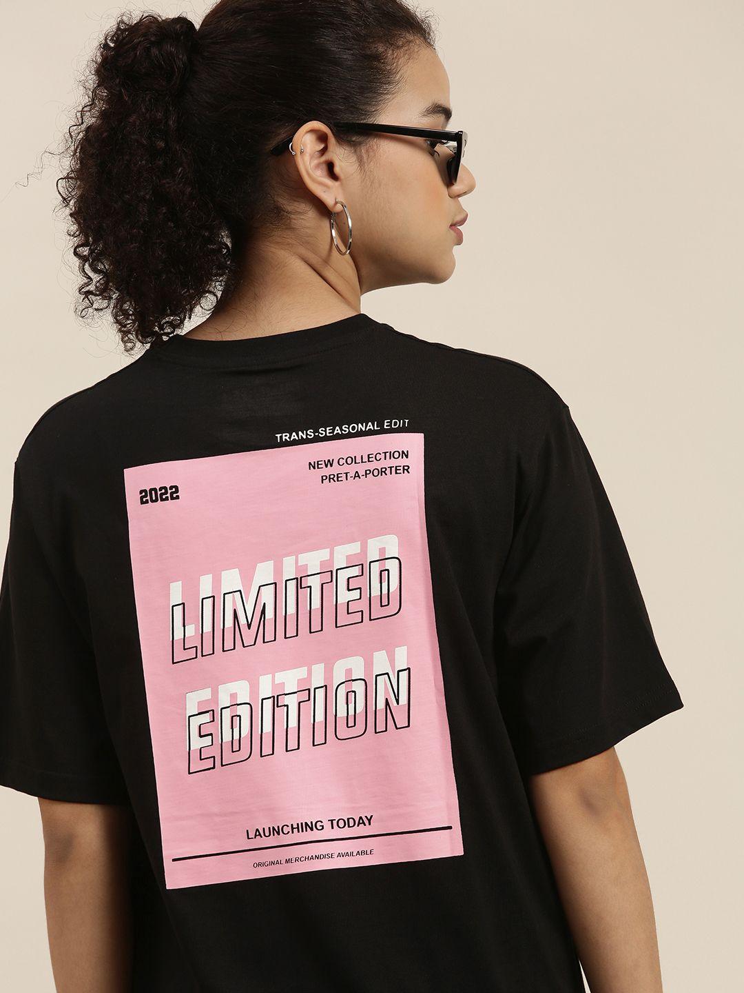 dillinger women black & pink typography printed loose t-shirt