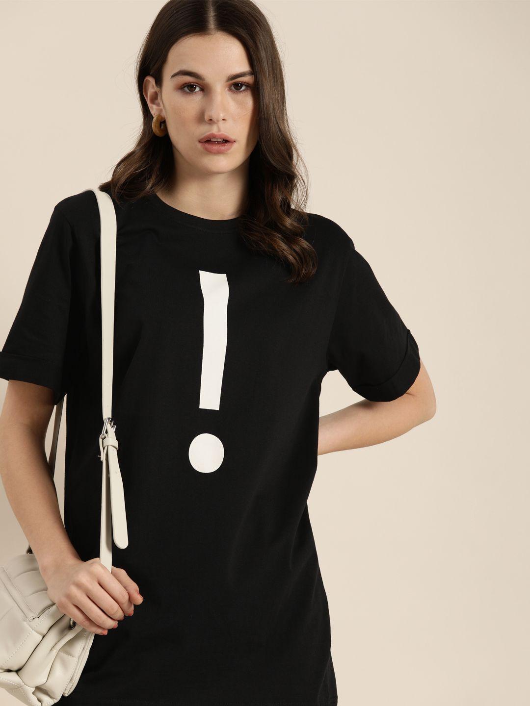 dillinger women black & white printed round neck pure cotton longline oversized t-shirt