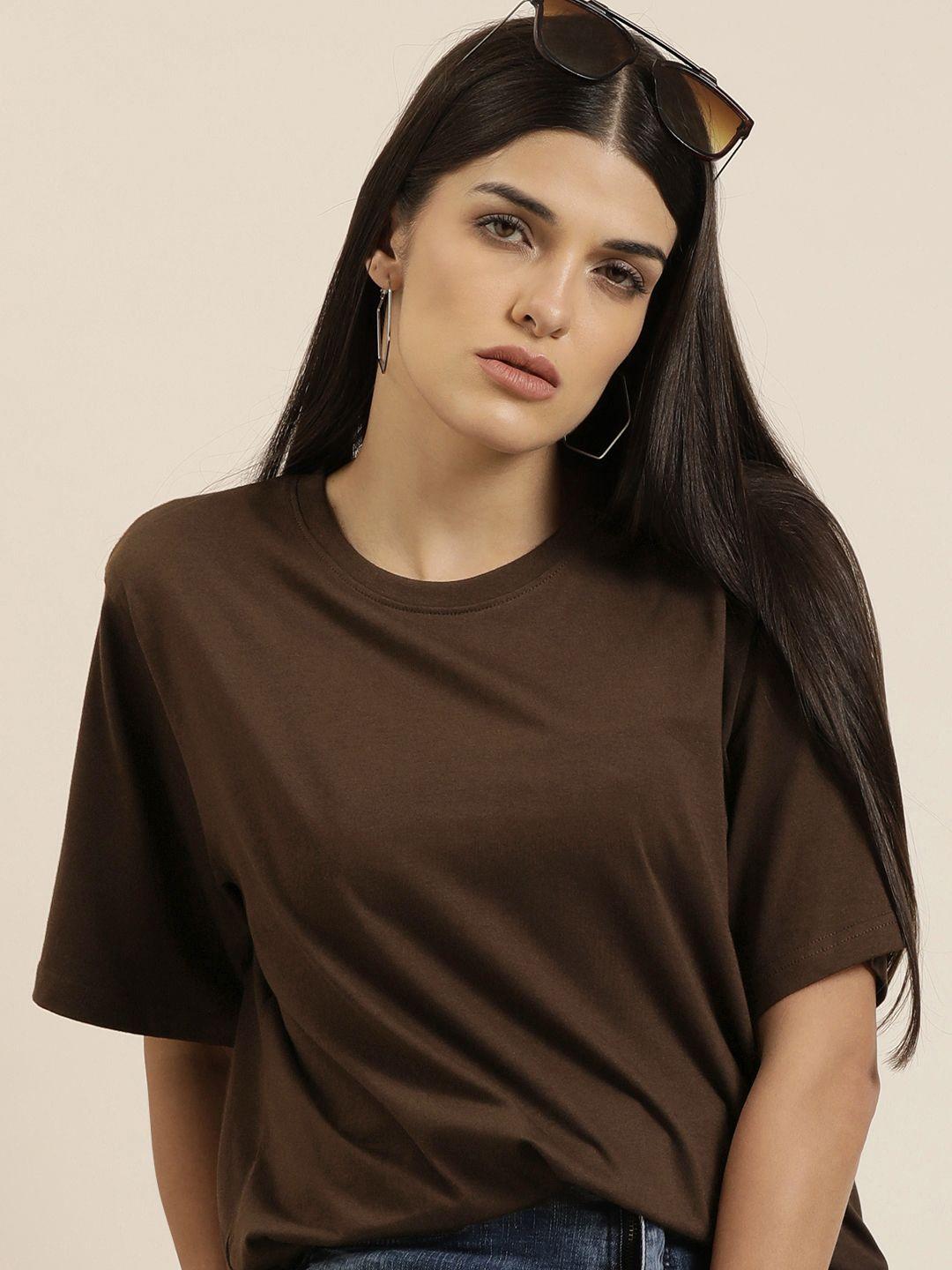 dillinger women brown solid pure cotton oversized t-shirt
