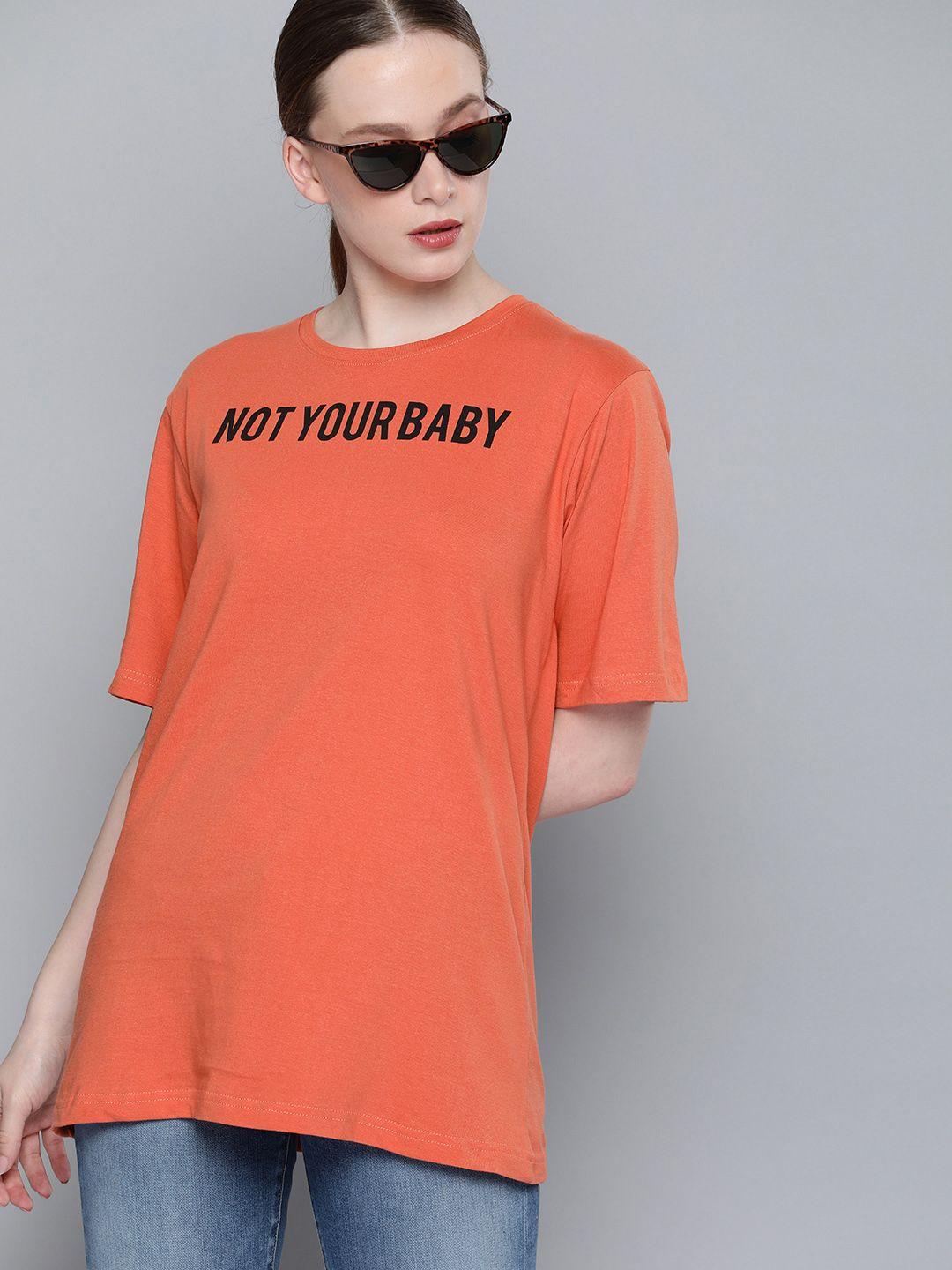 dillinger women coral orange printed round neck longline oversized pure cotton t-shirt