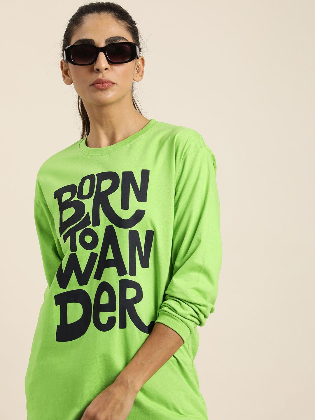 dillinger women green & black typography printed pure cotton loose t-shirt