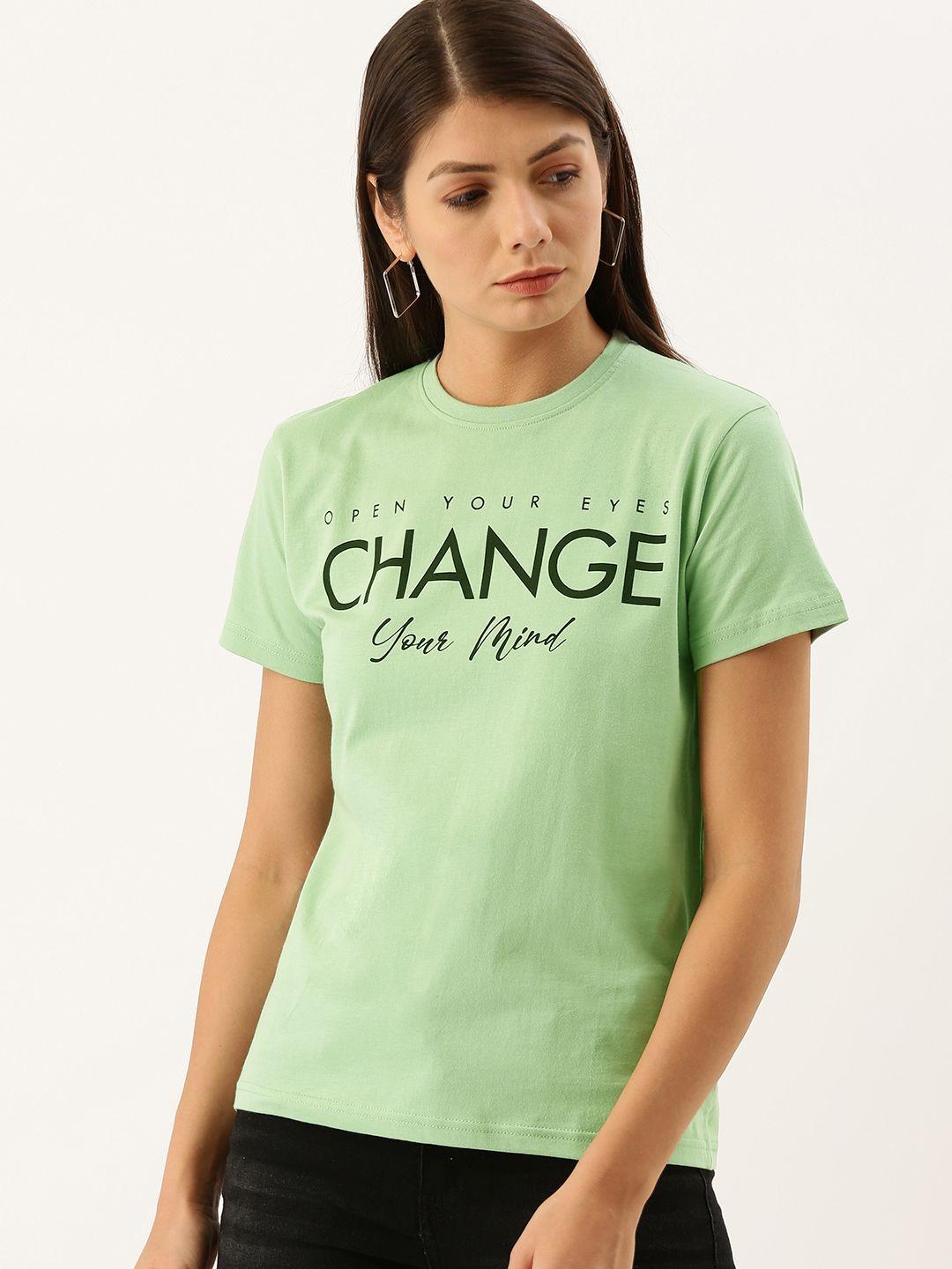 dillinger women green printed round neck regular fit pure cotton t-shirt