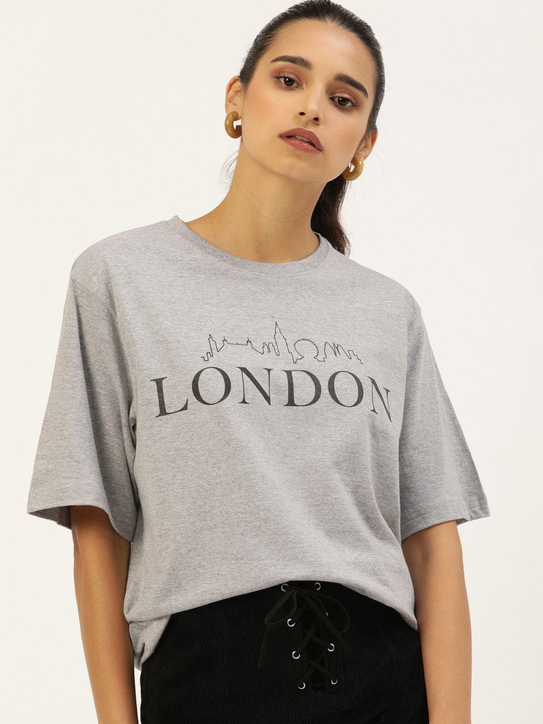 dillinger women grey melange printed round neck  longline oversized pure cotton t-shirt