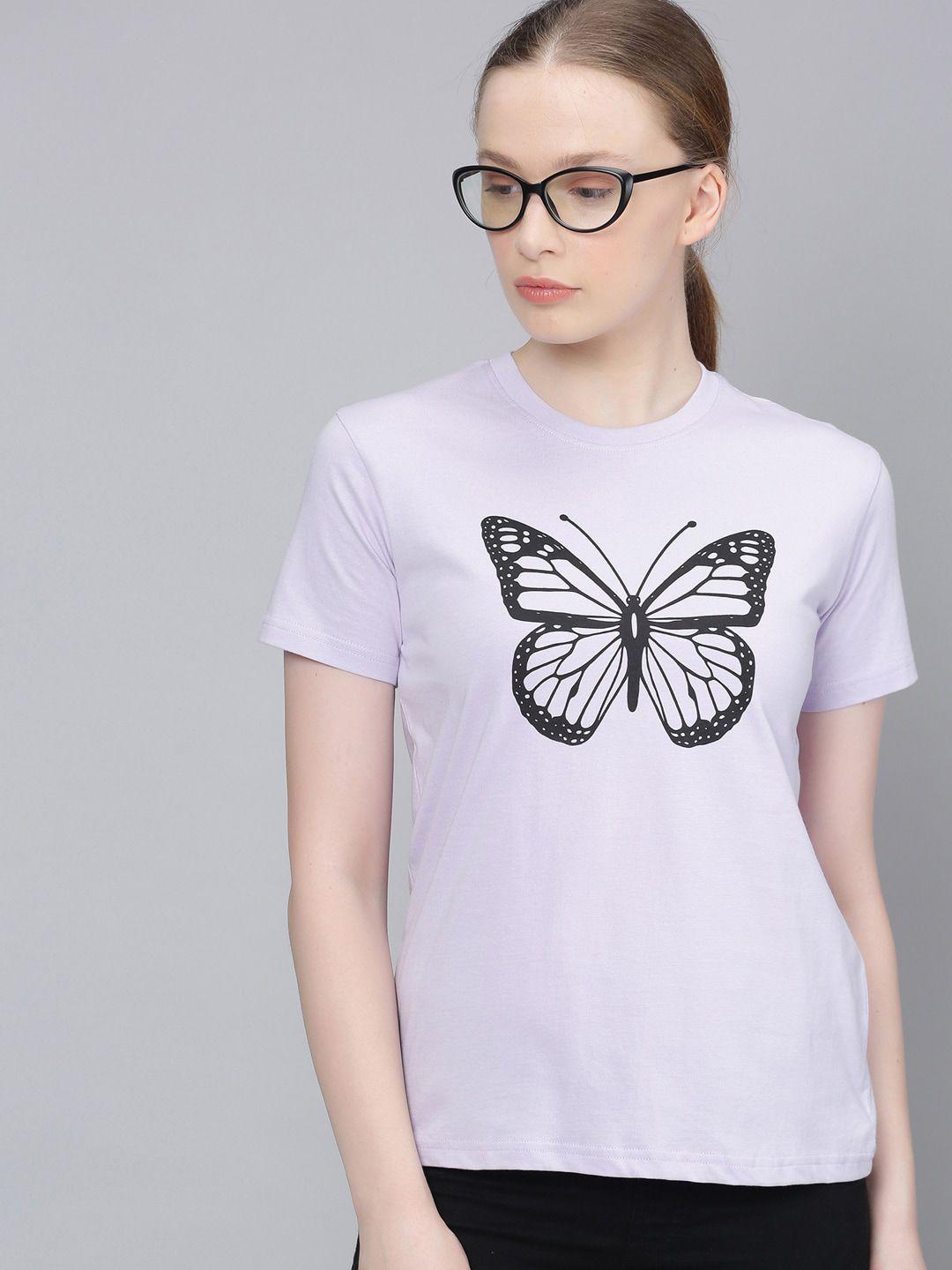 dillinger women lavender printed round neck regular fit pure cotton t-shirt