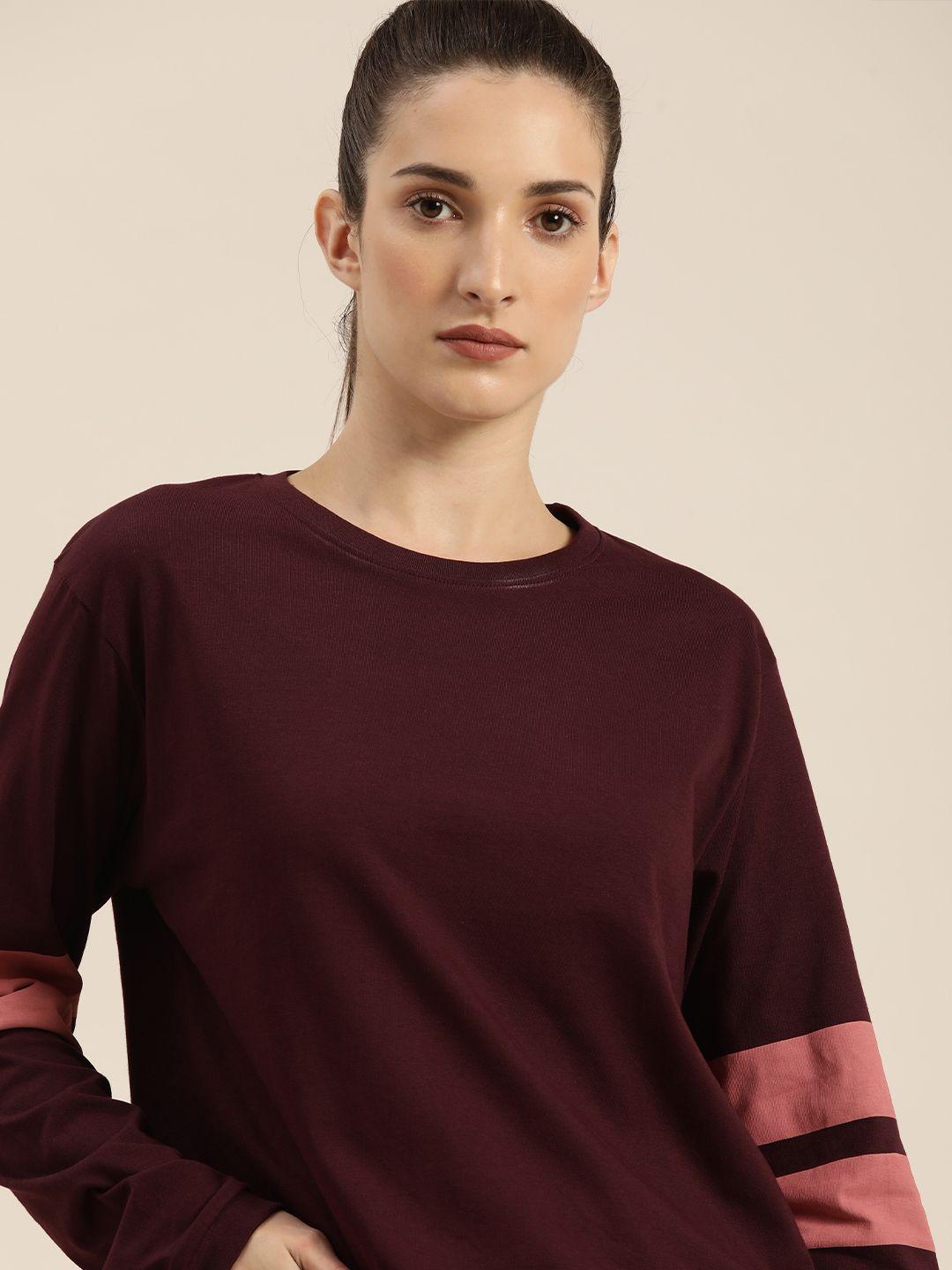 dillinger women maroon solid round neck drop-shoulder sleeves cotton oversizedt-shirt