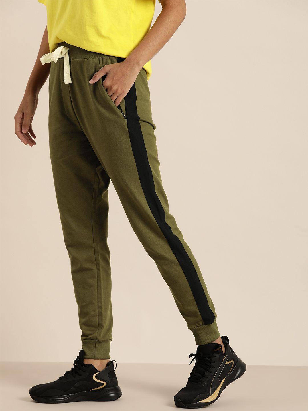 dillinger women olive green slim fit solid joggers with side stripes