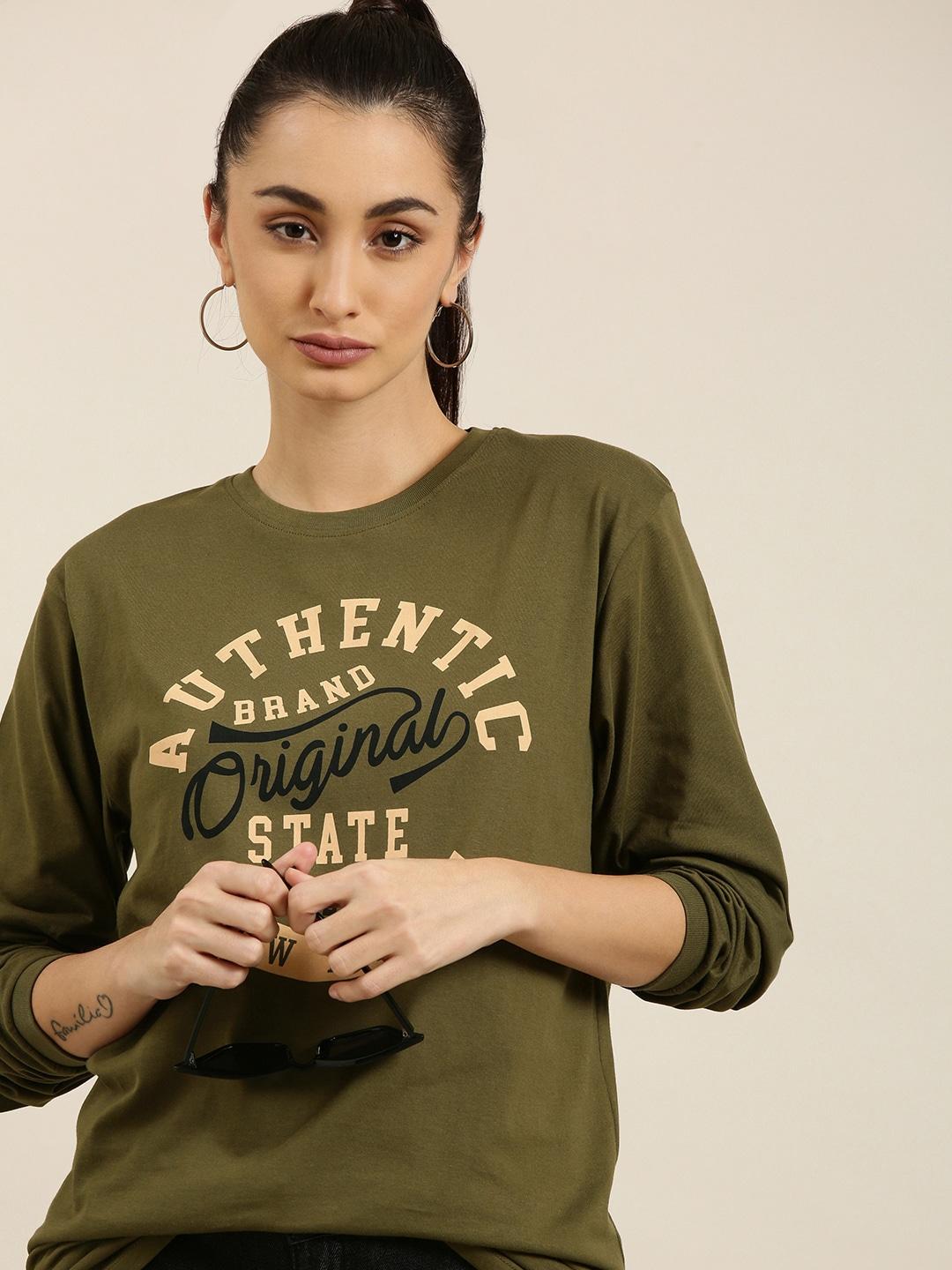 dillinger women olive green typography printed pure cotton oversized  t-shirt