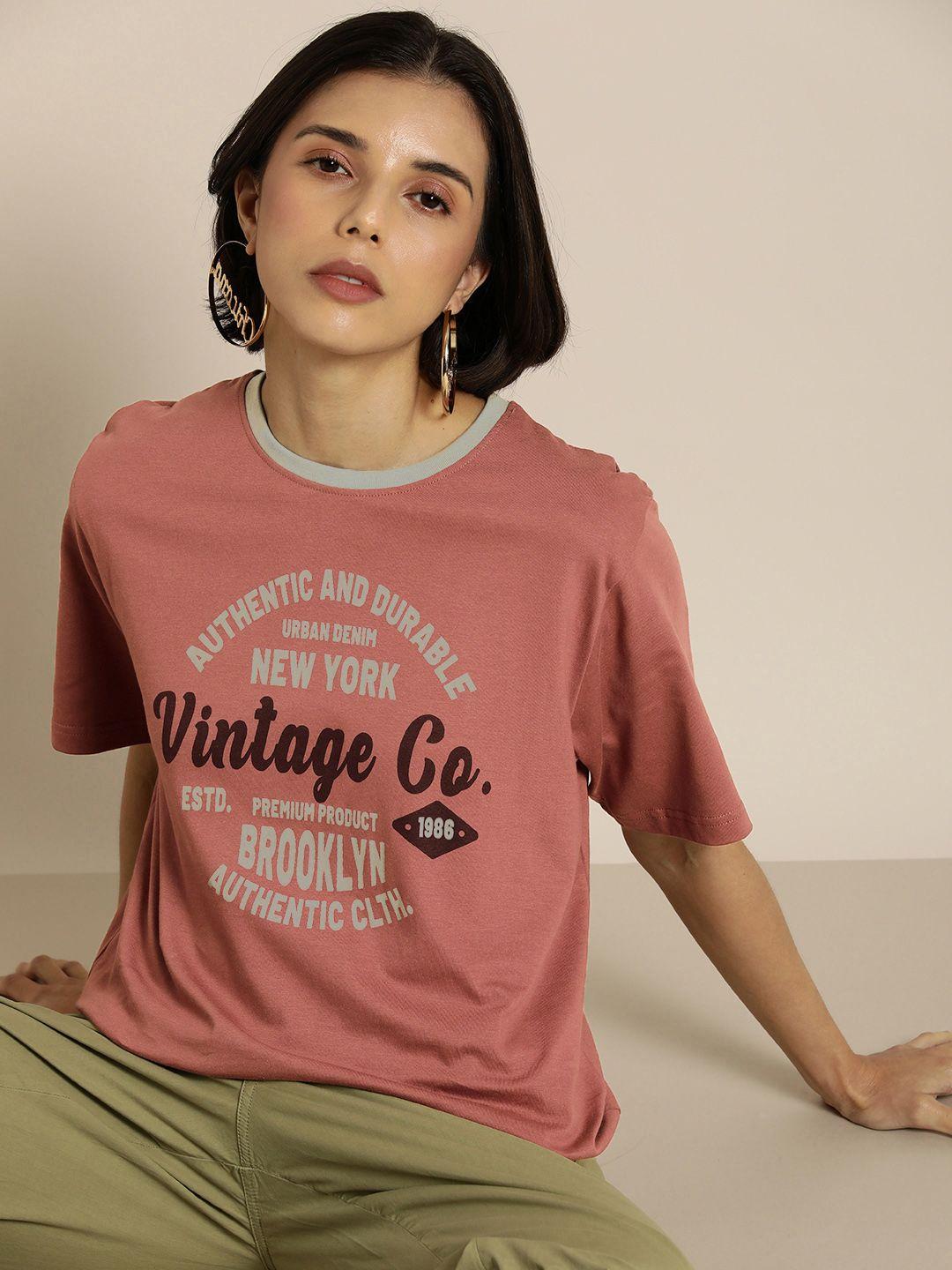 dillinger women peach-coloured & grey typography pure cotton oversized oversized t-shirt