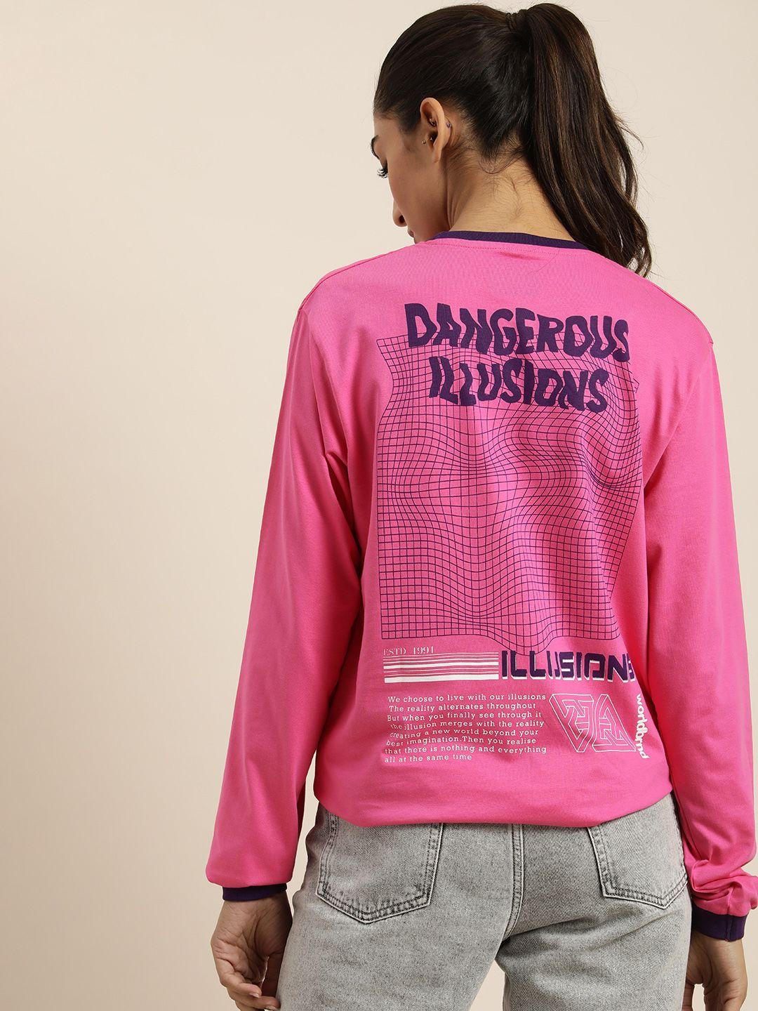 dillinger women pink & navy blue printed pure cotton loose t-shirt