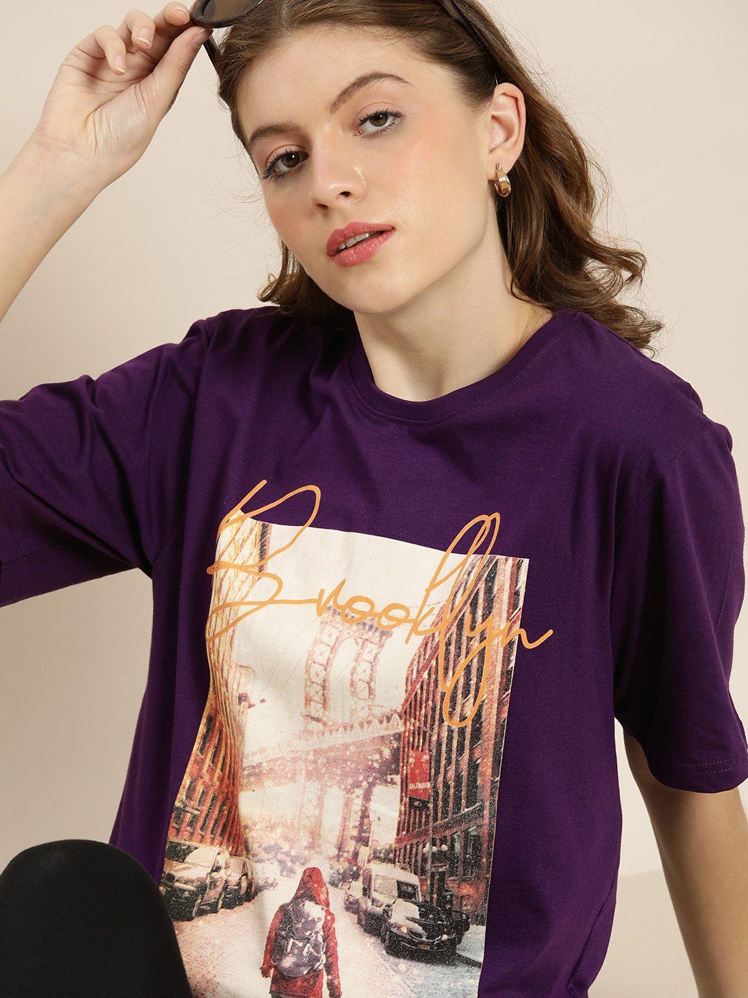 dillinger women purple graphic printed pure cotton oversized pure cotton t-shirt