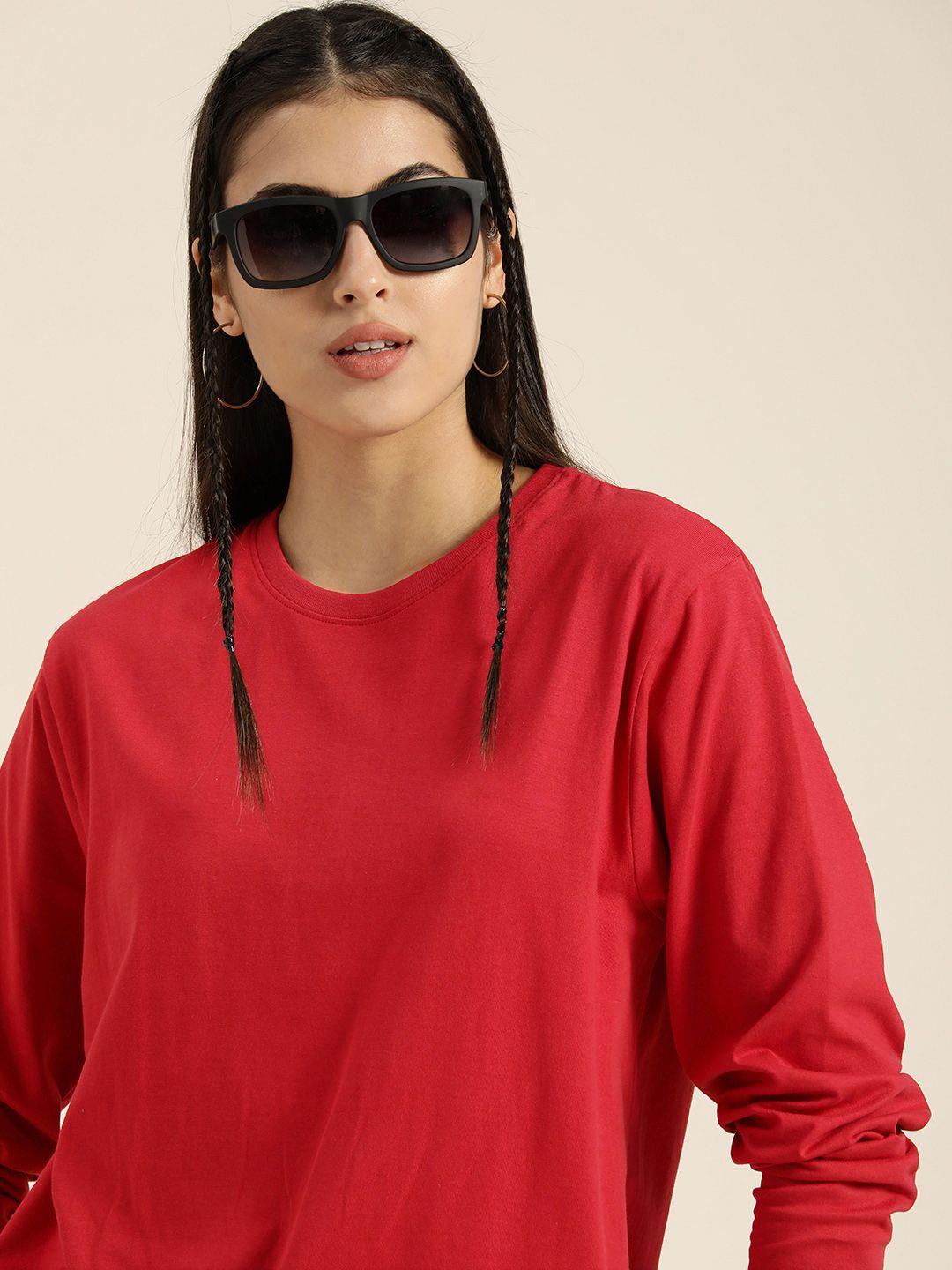 dillinger women red solid cotton oversized t-shirt