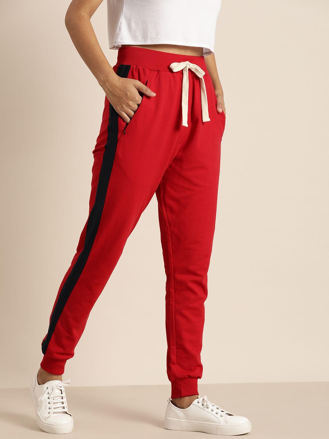 dillinger women red solid knitted regular fit joggers with side stripes