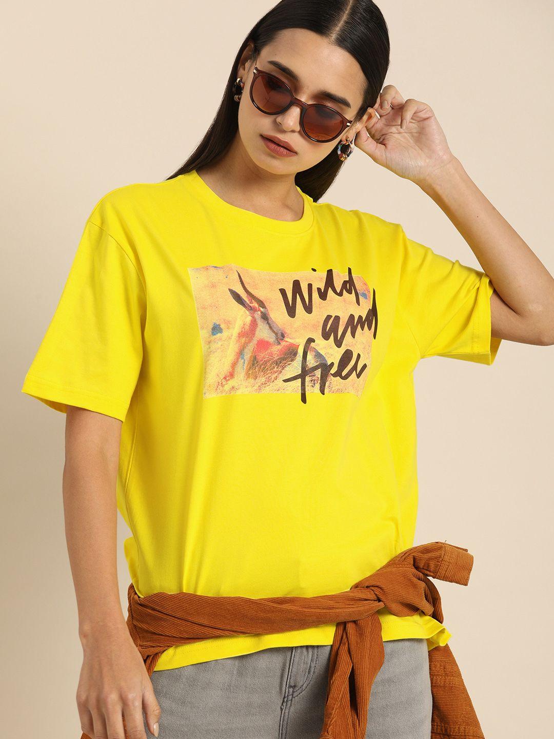 dillinger women yellow  fit printed round neck boxy regular pure cotton t-shirt