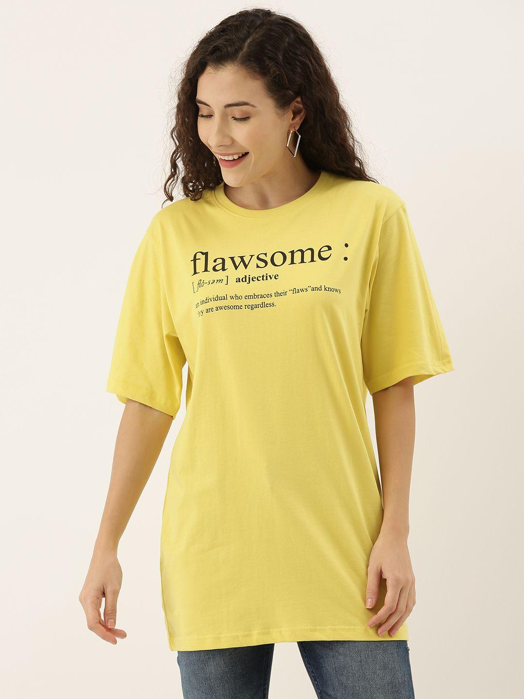 dillinger women yellow boxy fit printed round neck longline oversized pure cotton t-shirt