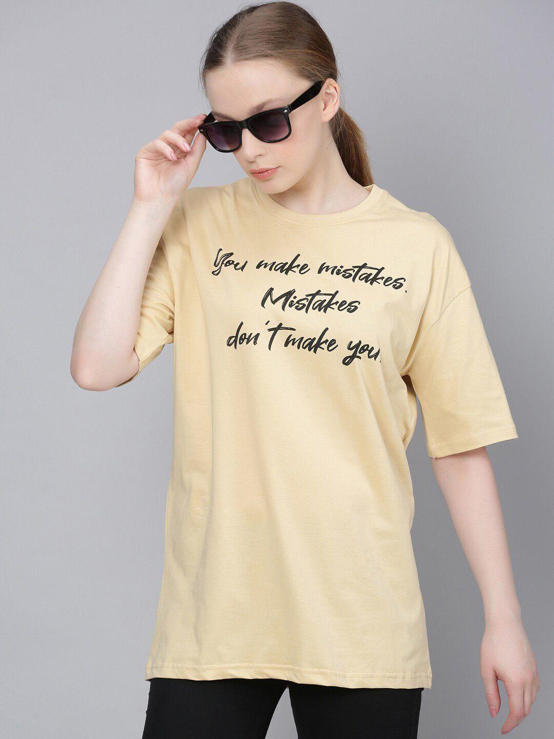 dillinger women yellow printed round neck oversized pure cotton t-shirt