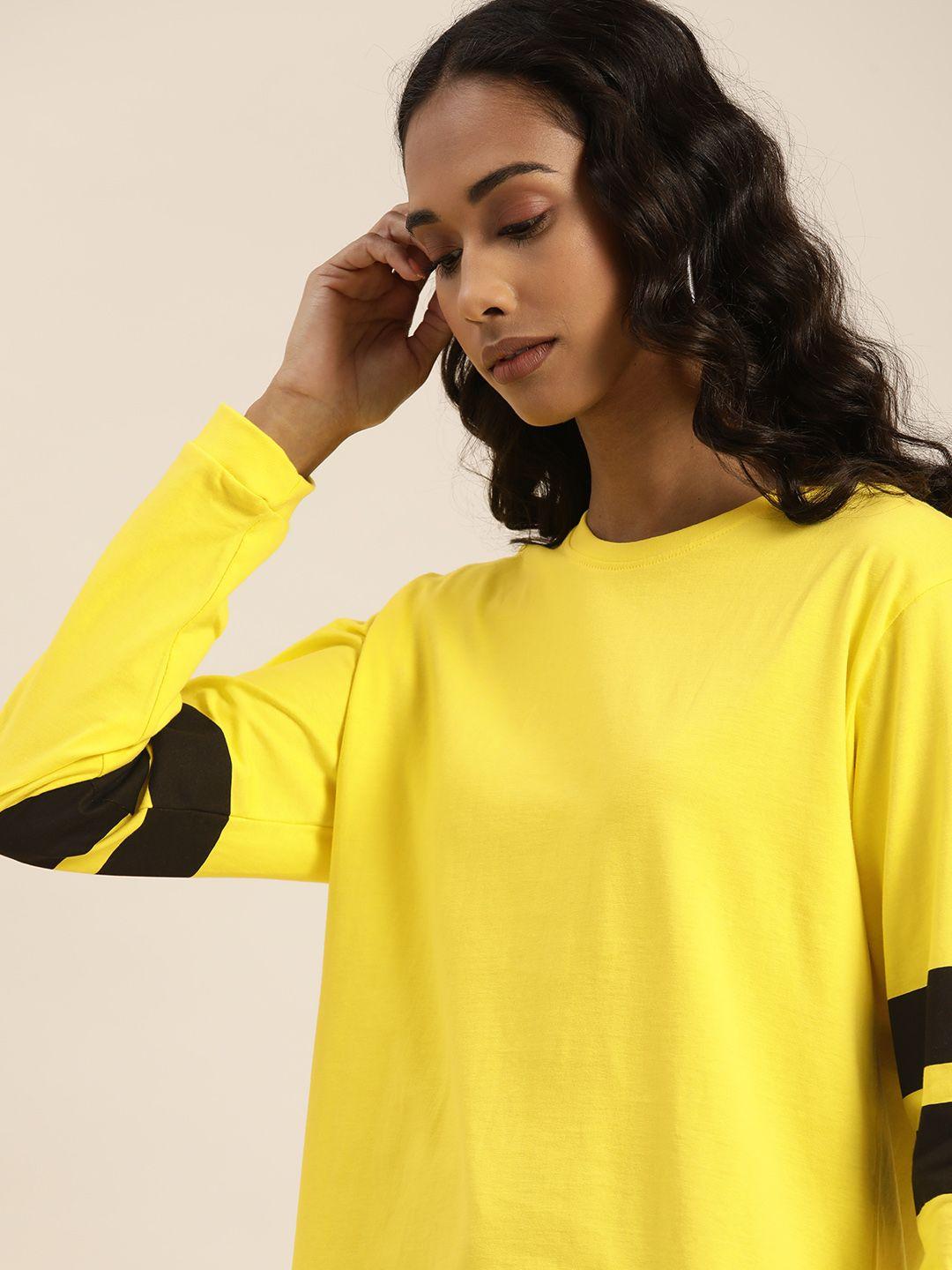 dillinger-women-yellow-solid-round-neck-drop-shoulder-sleeves-cotton-loose-t-shirt