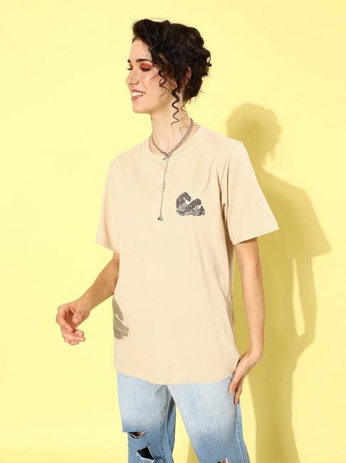 dillinger beige cotton graphic print oversized t-shirt