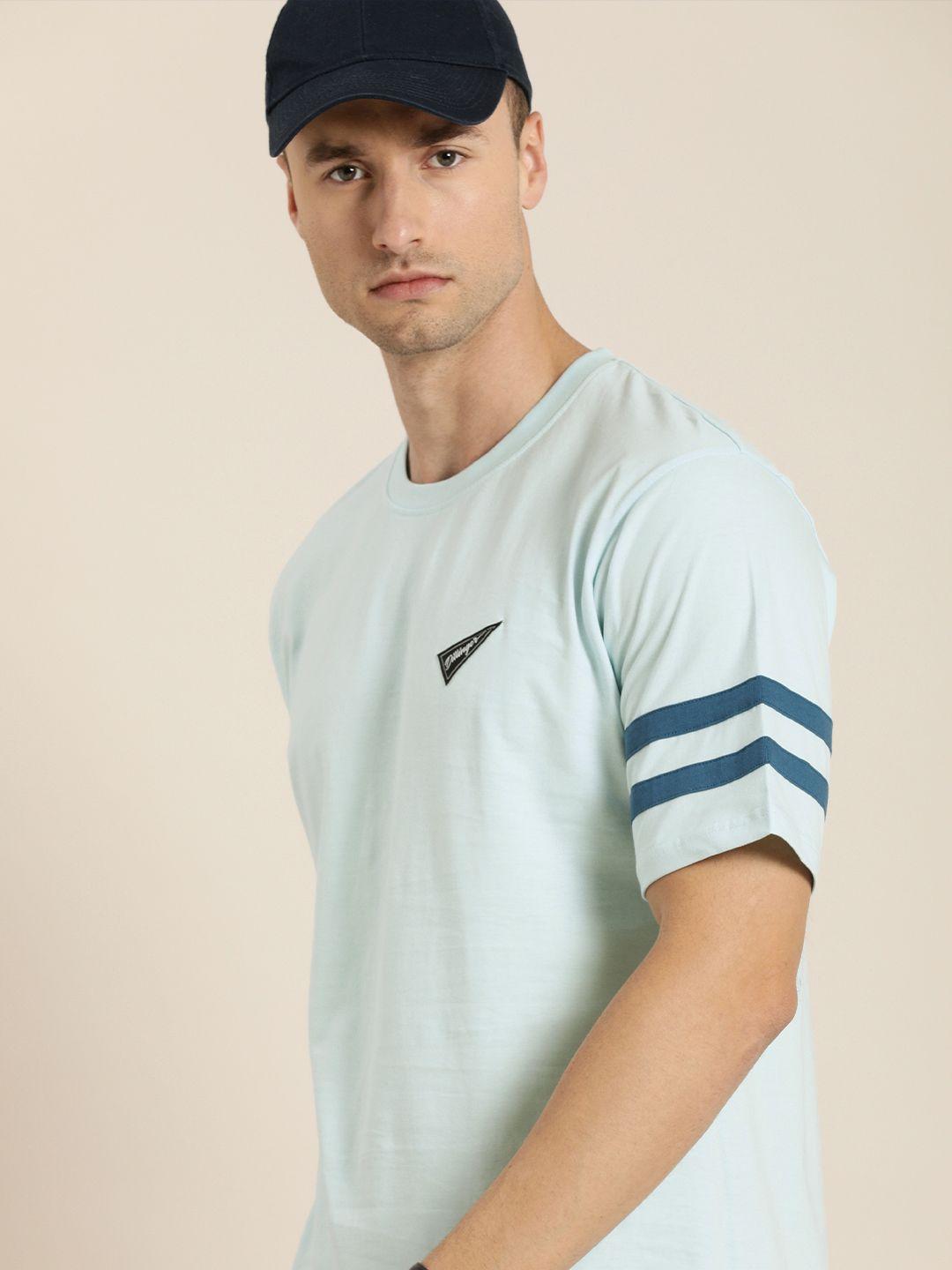 dillinger men blue solid pure cotton loose t-shirt with striped sleeves