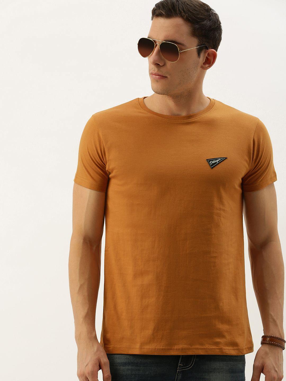 dillinger men camel brown solid round neck pure cotton t-shirt