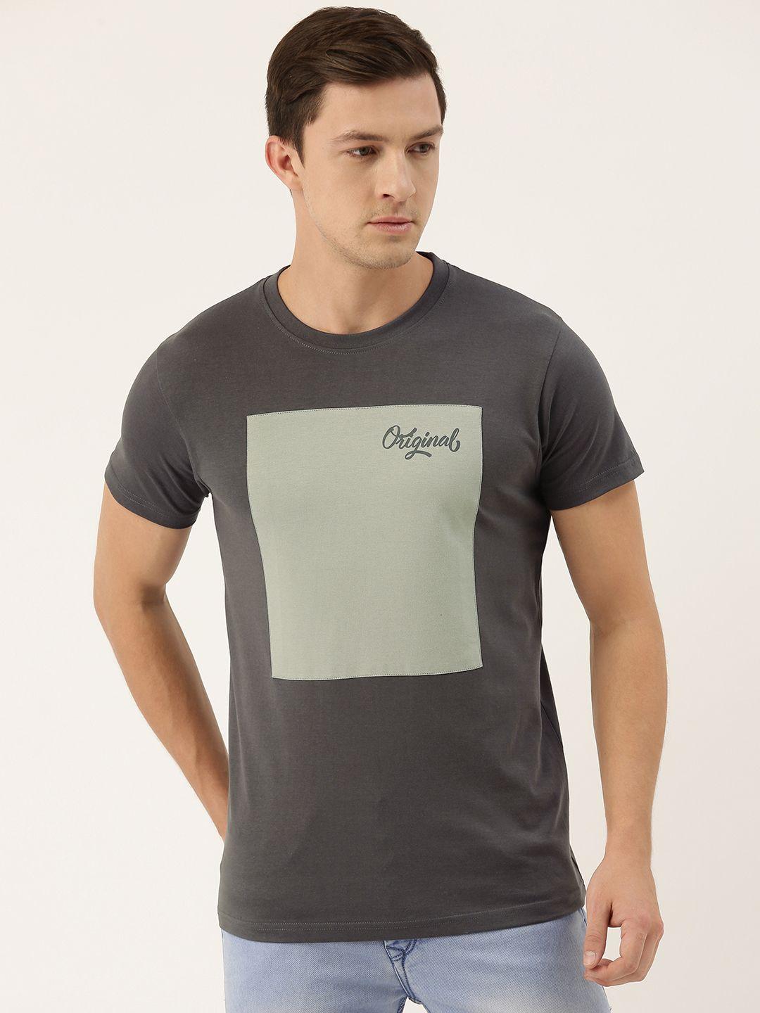 dillinger men charcoal grey colourblocked round neck pure cotton t-shirt