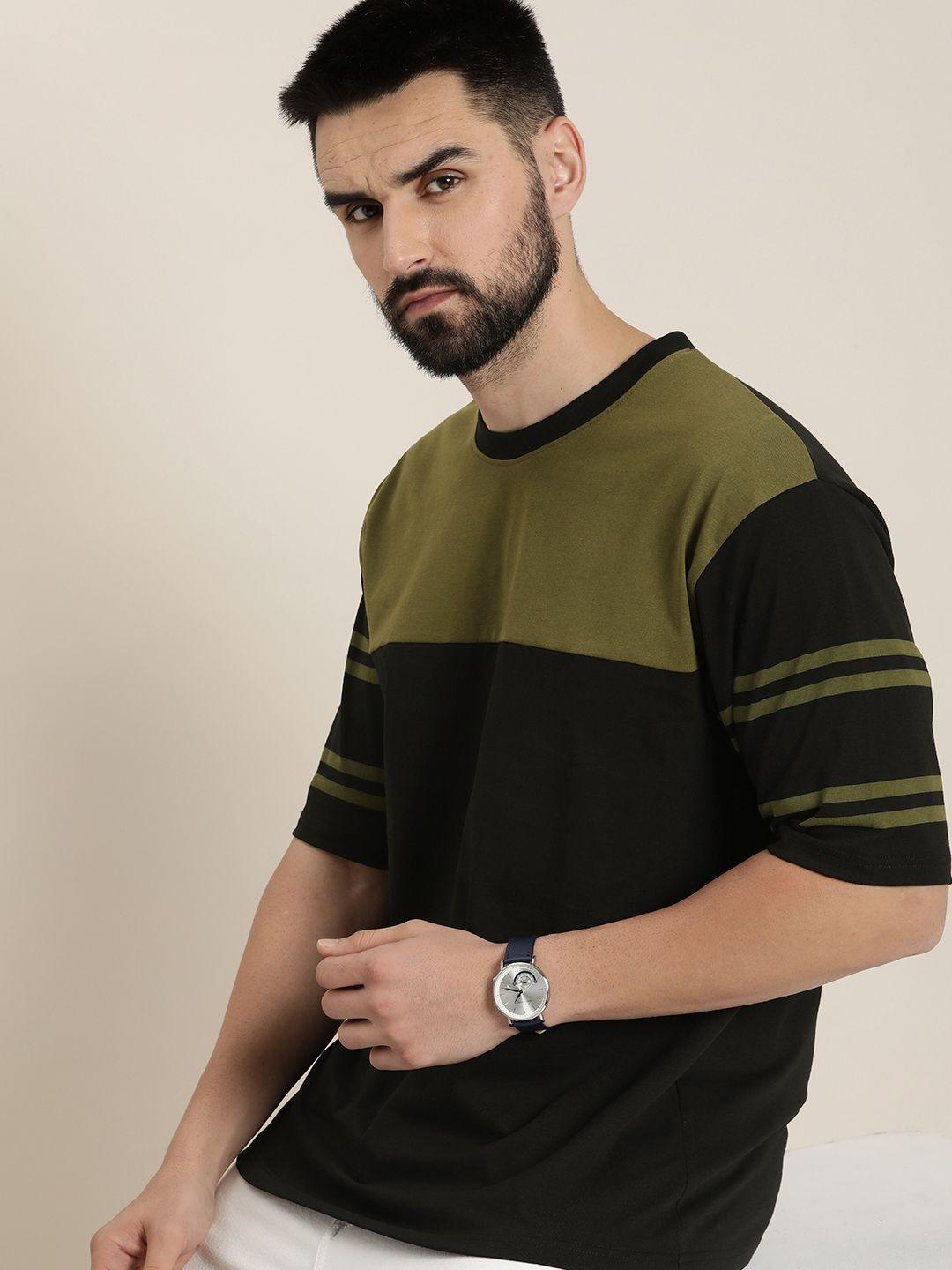 dillinger men colourblocked striped drop-shoulder sleeves oversized pure cotton t-shirt