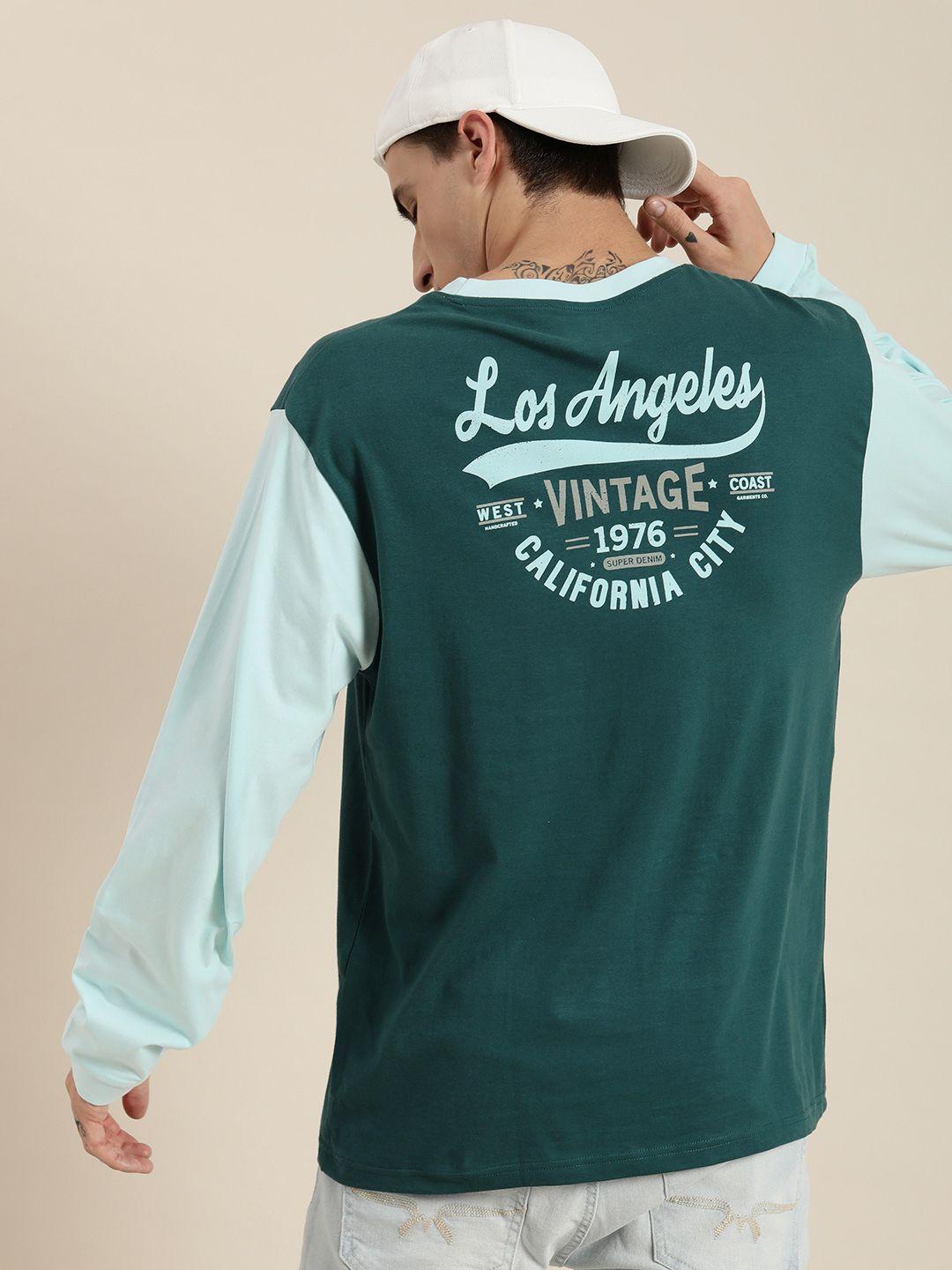 dillinger men green & blue typography printed cotton oversized  t-shirt