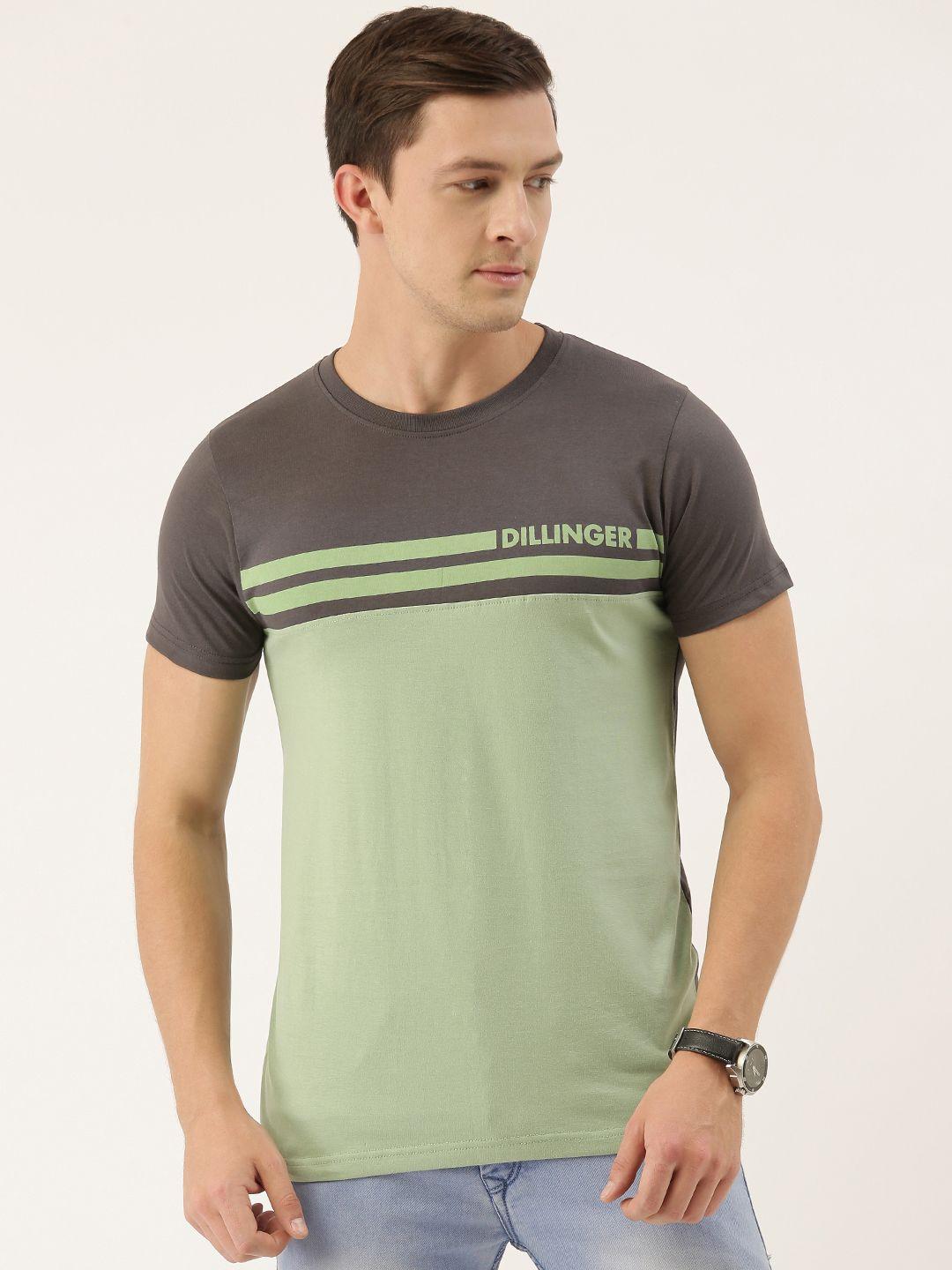 dillinger men grey  green  colourblocked round neck pure cotton t-shirt