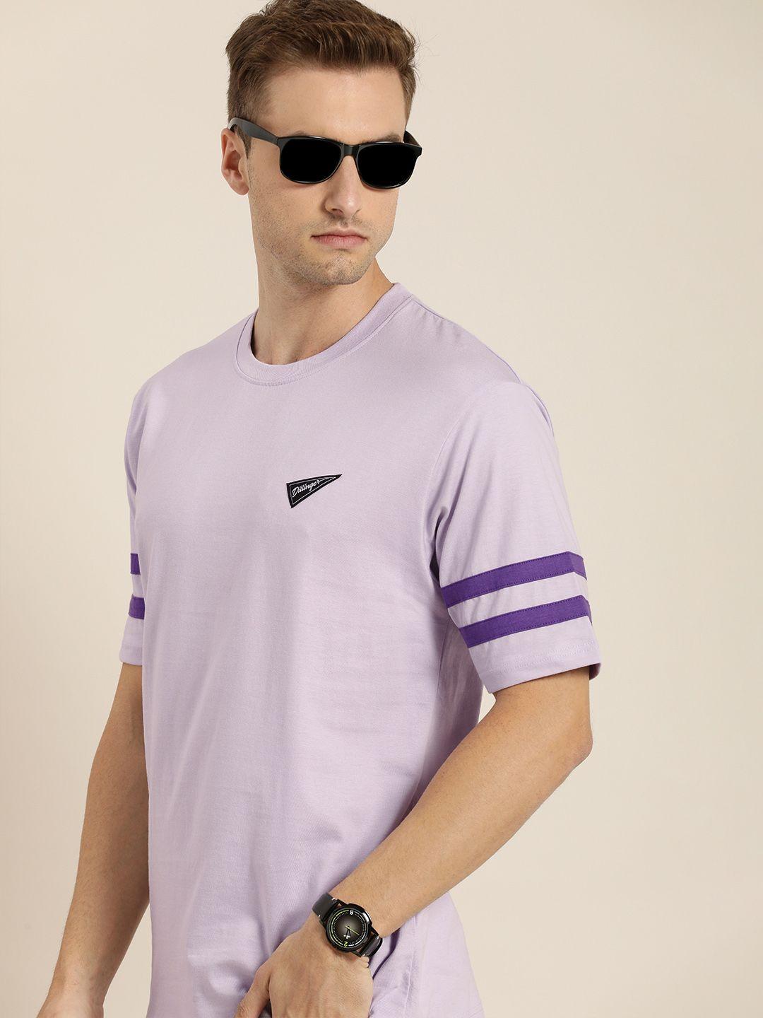 dillinger men lavender solid pure cotton loose t-shirt with striped sleeves