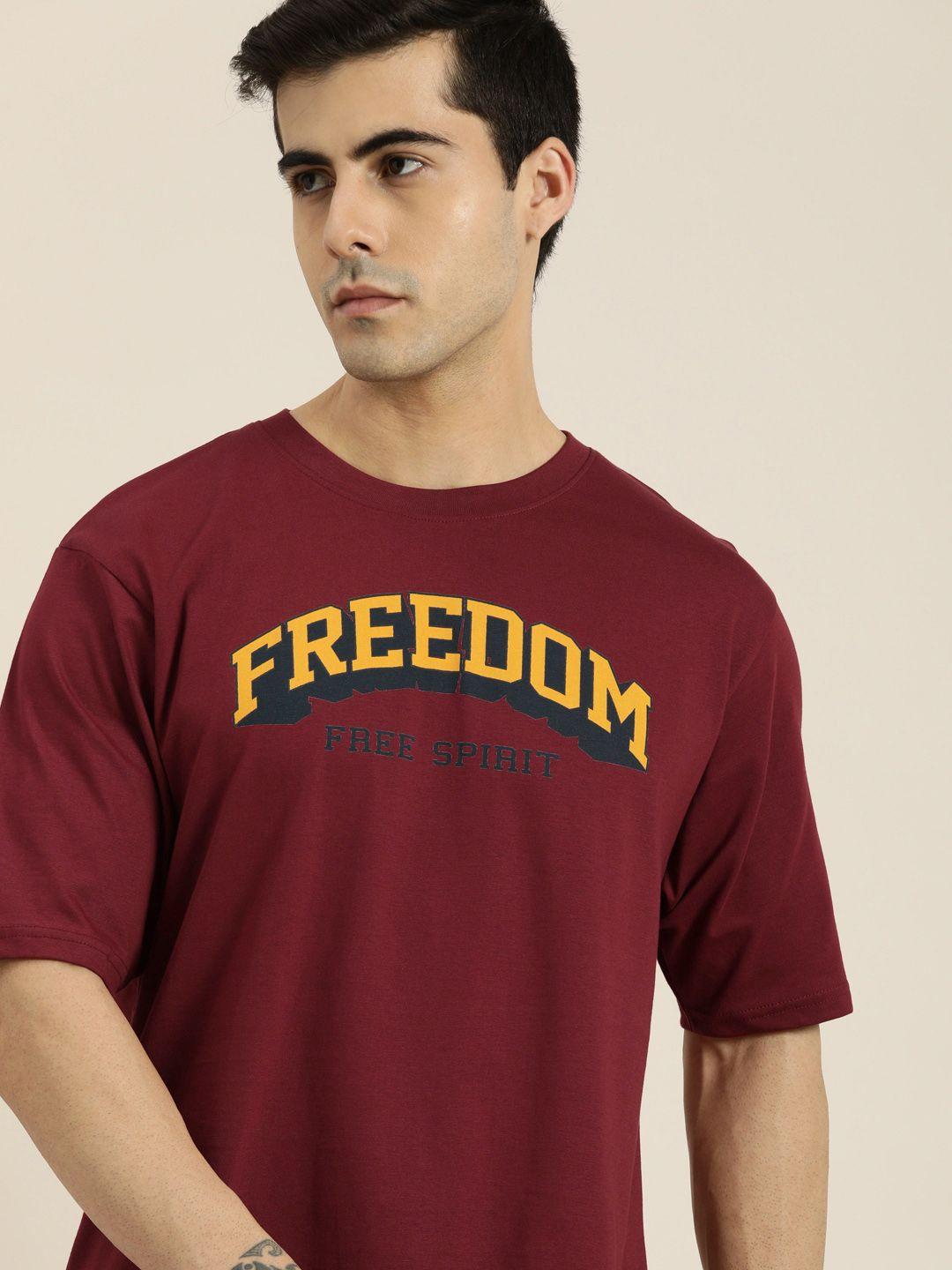 dillinger men maroon & yellow typography printed drop-shoulder sleeves pure cotton loose t-shirt