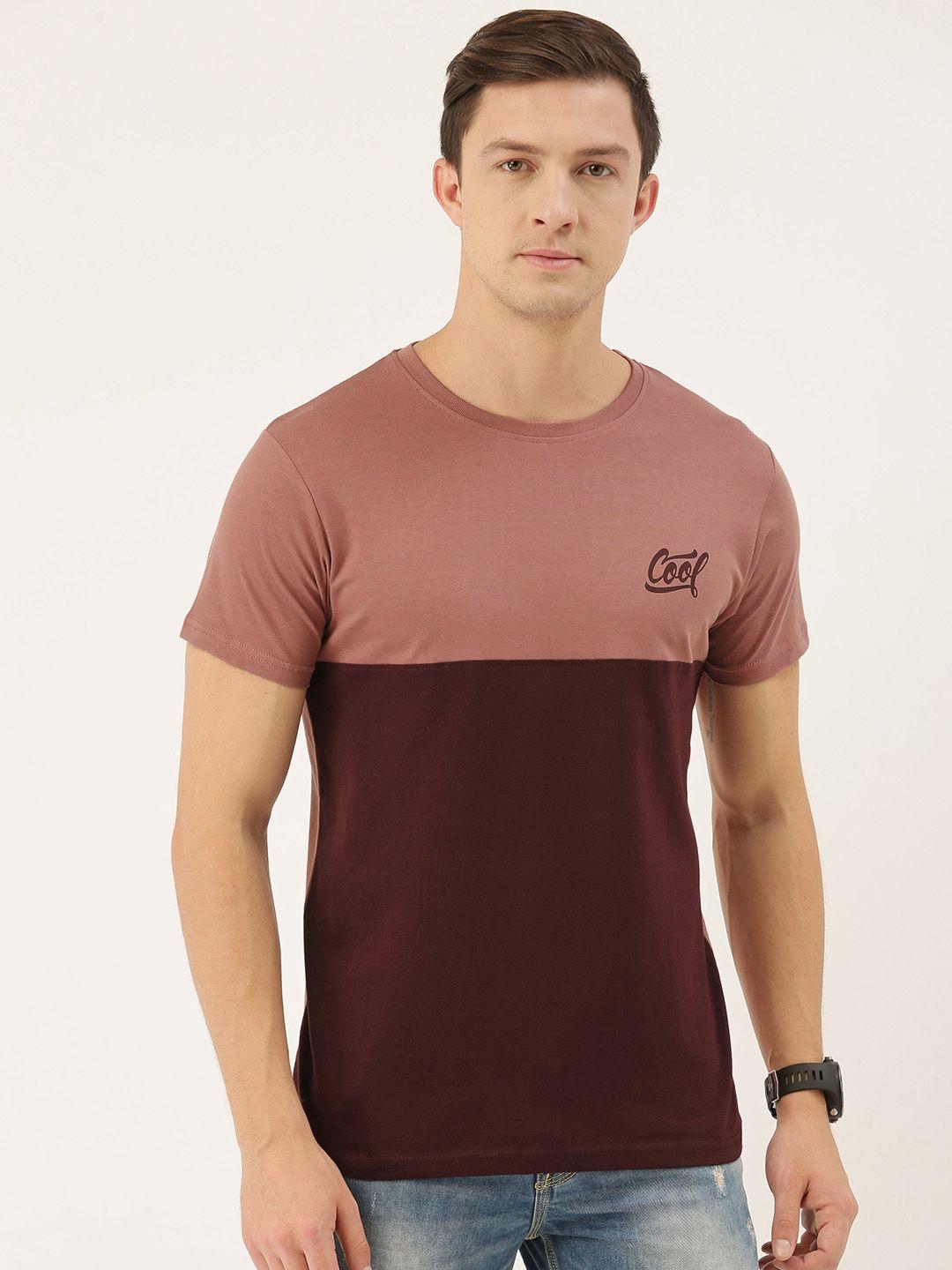 dillinger men maroon  mauve colourblocked round neck pure cotton t-shirt