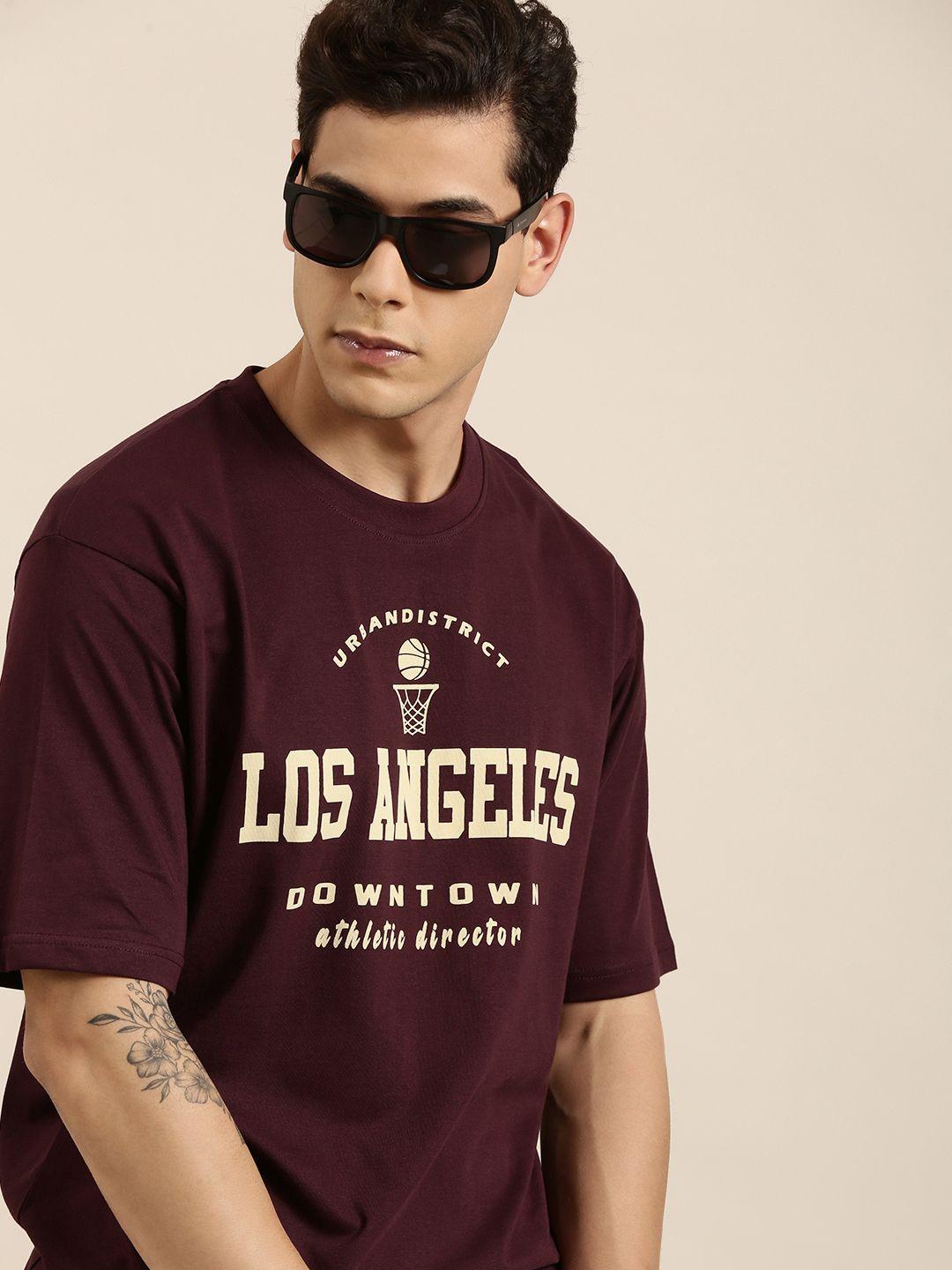 dillinger men maroon typography printed pure cotton oversized  t-shirt