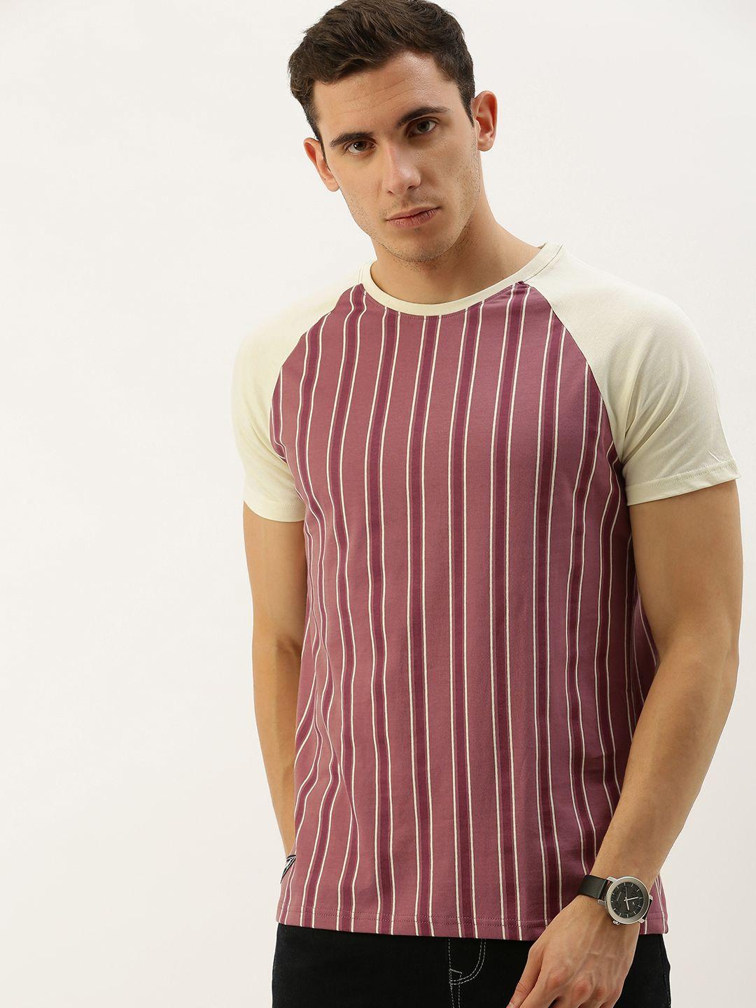 dillinger men mauve  cream-coloured striped round neck pure cotton t-shirt