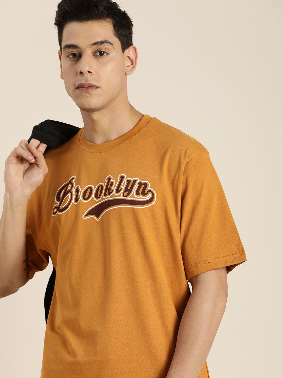dillinger men mustard brown printed drop-shoulder sleeves pure cotton loose t-shirt