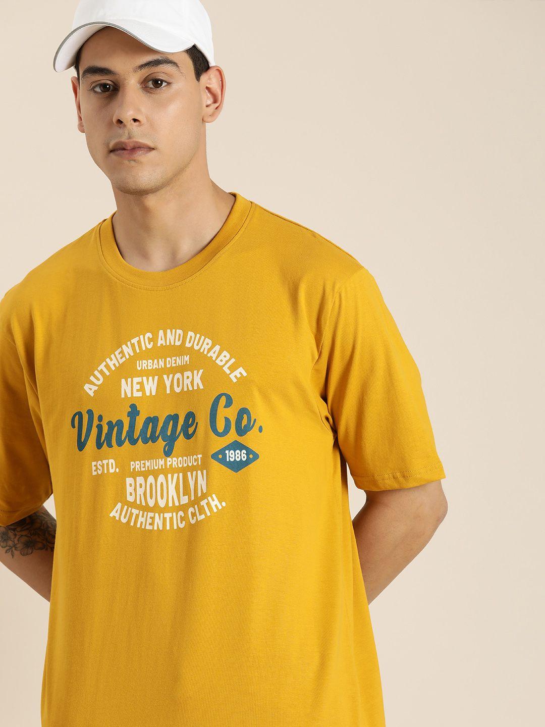 dillinger men mustard yellow & white printed drop-shoulder sleeves pure cotton loose t-shirt