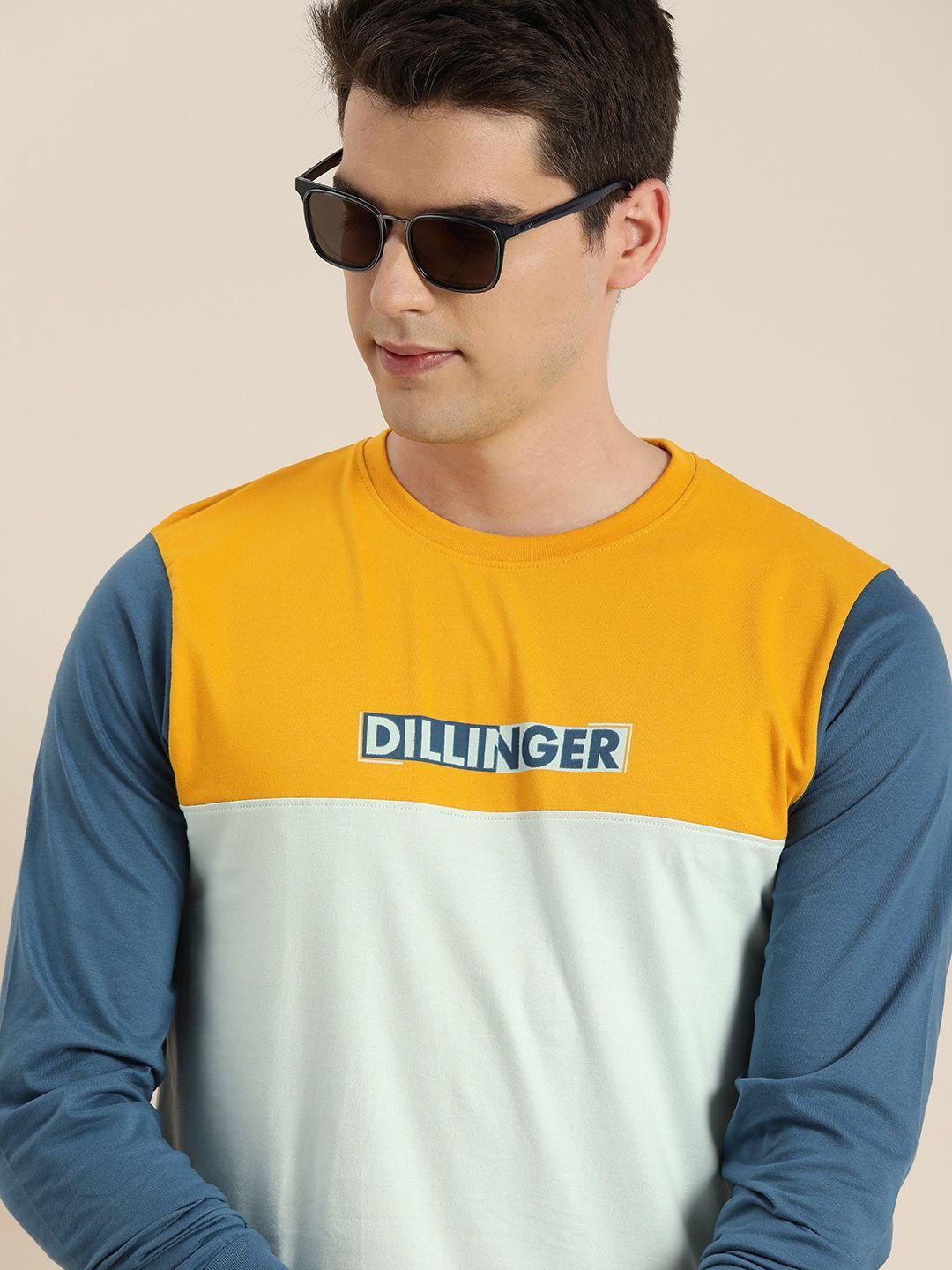 dillinger men mustard yellow  blue colourblocked round neck pure cotton t-shirt