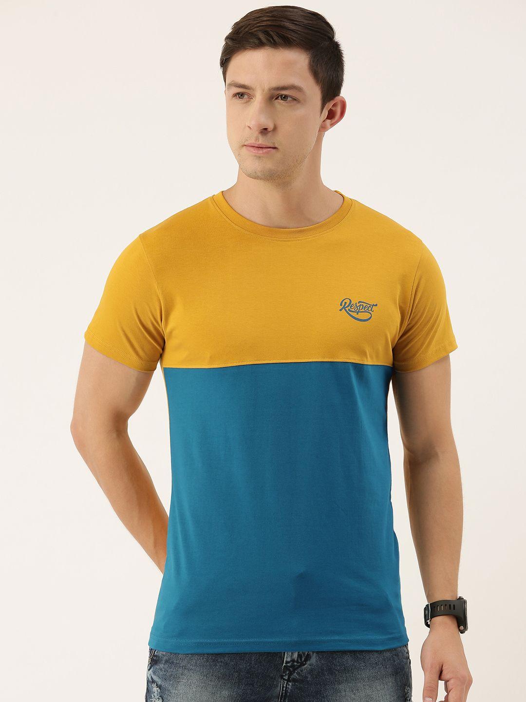 dillinger men mustard yellow  blue colourblocked round neck pure cotton t-shirt