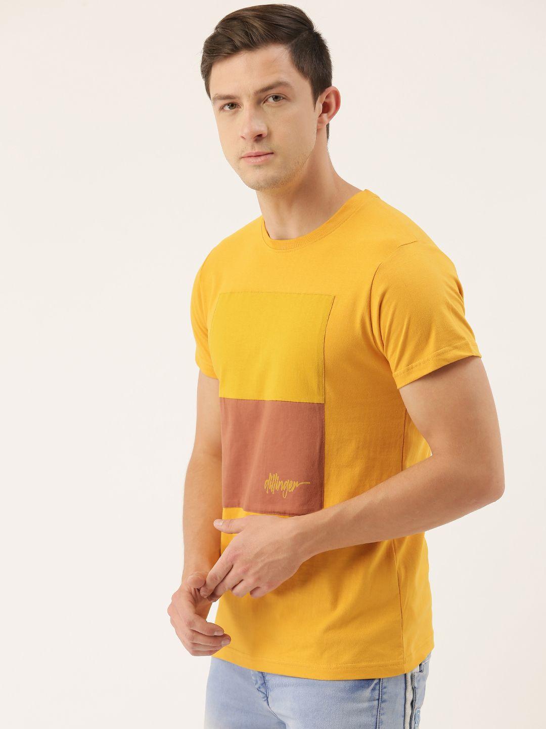 dillinger men mustard yellow  brown colourblocked round neck pure cotton t-shirt